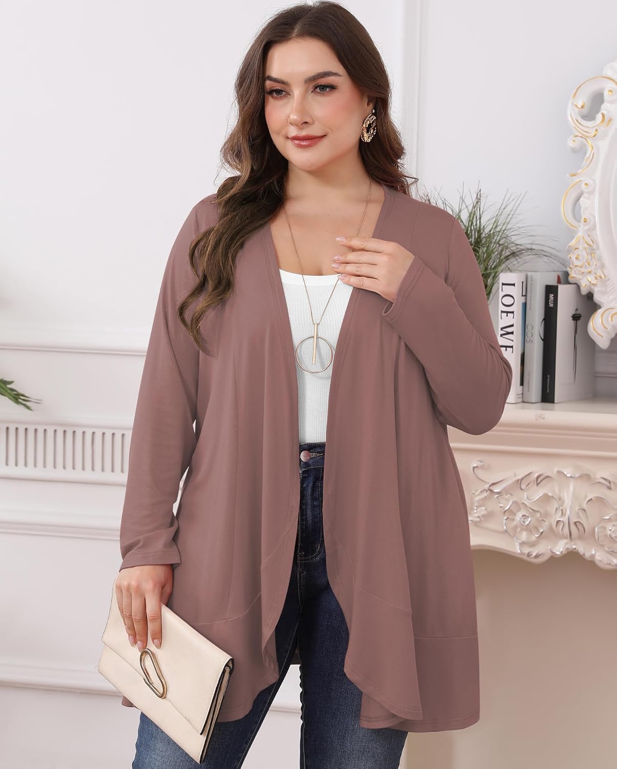 Womens Plus Size Casual Lightweight Long Sleeve Flowy Open Front Cardigan Cover Ups with Pockets - Image 4