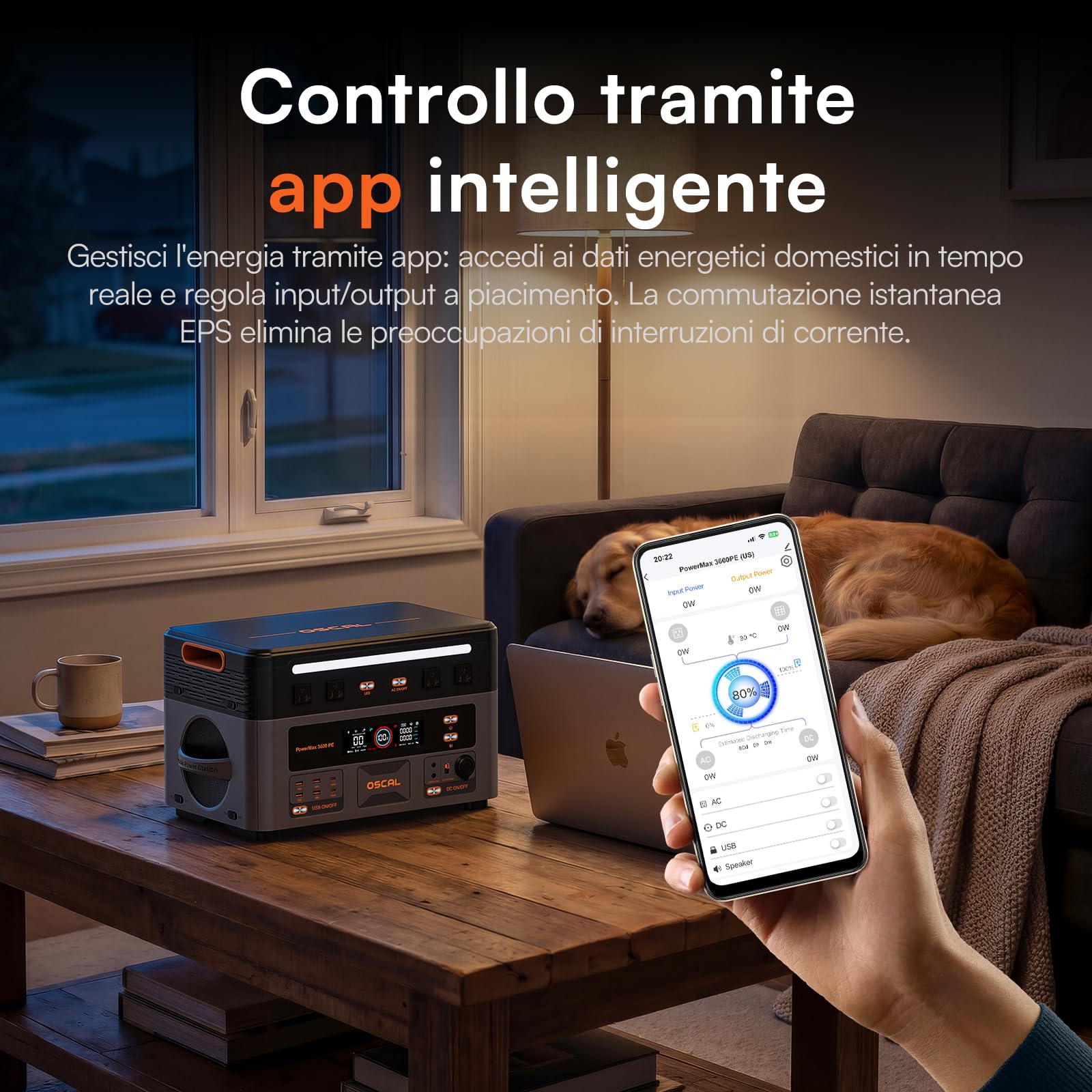 OSCAL 3600W Centrale Elettrica Portatile PowerMax 3600PE con 1 Pannello 200W, 2016Wh Generatore Solare con Batteria LiFePO4, Ricarica 0-80% in 45 min, APP, UPS, Power Station per Campeggio/Camper/Casa
