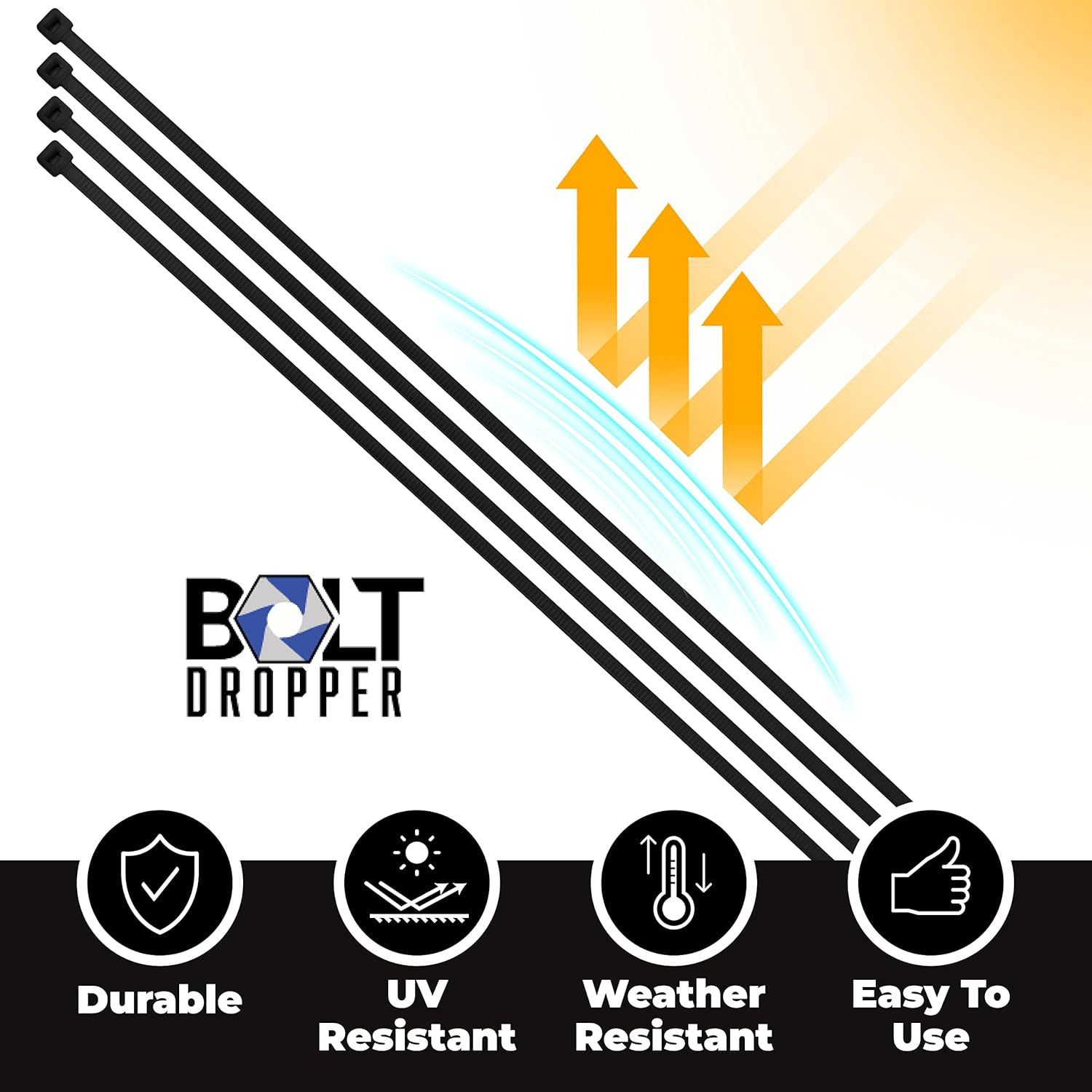 Bolt Dropper 12" Black Zip Cable Ties (100 Set), 120lbs Tensile Strength - Heavy Duty, Self-Locking Durable Plastic Cable Wire Ties for Indoor and Outdoor by Bolt Dropper (Black)