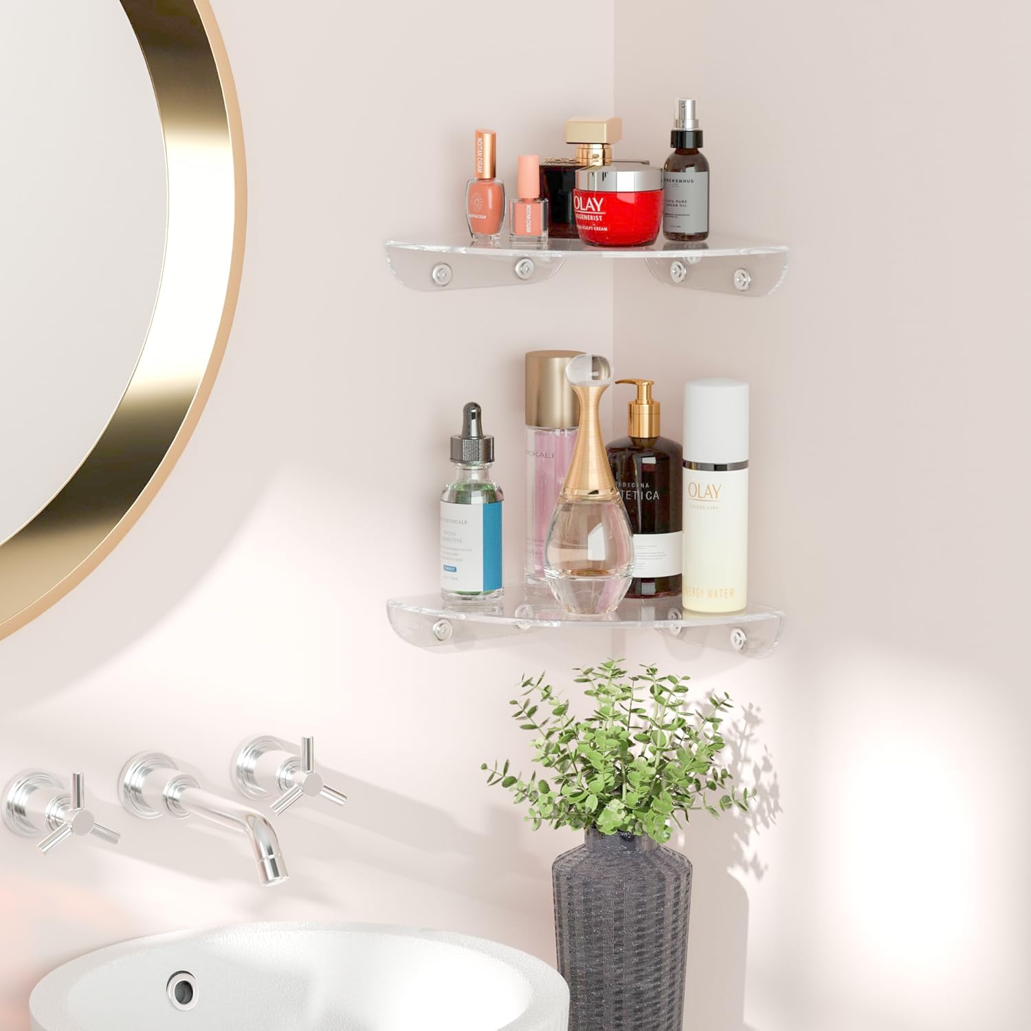 7x7 Inch Corner Shelf Wall Mount Set of 2, Acrylic Corner Floating Shelves, Clear Corner Wall Organizer Shelf for Bathroom, Kitchen, Bedroom, Living Room, Dining Room, Office - Image 2