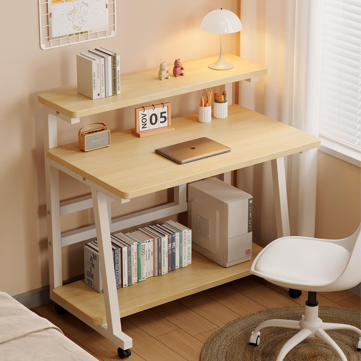 Rolling Desk, 39.4 Inch Small Desks with 3-Layer Storage & Monitor Stand, Compact Home Office Desk, Portable Laptop Table with Wheels for Small Spaces, Mobile Rolling Computer Work Desks