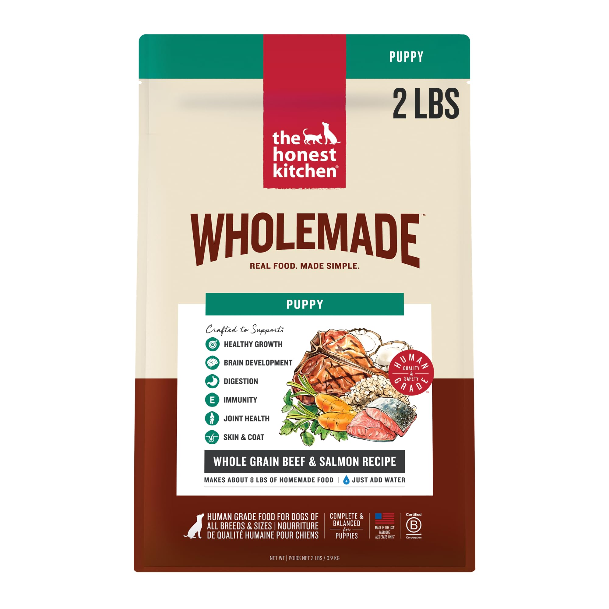 The Honest Kitchen Wholemade Whole Grain Puppy Food, Beef &amp; Salmon Recipe, Human Grade Dehydrated Food for Puppies, Just Add Water, Topper for Dry or Wet Dog Food, 2 lb Box Makes 8 lbs