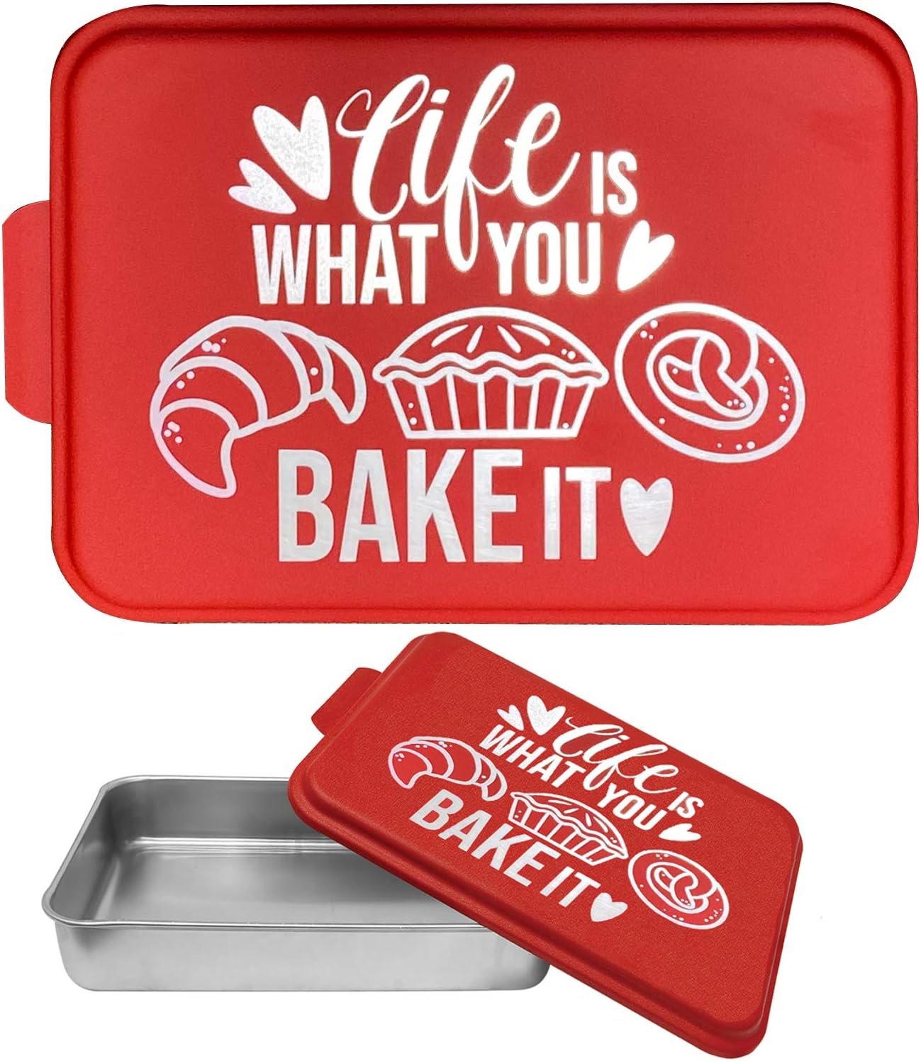 Aluminum Cake Pan with Red Lid 9 x 13 inches Laser Engraved Lid Life is What You Bake It