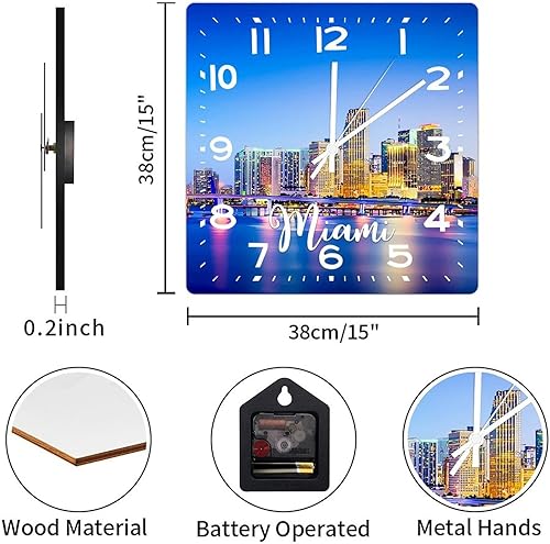 Miniatura 2 de Reloj de pared American Florida State Miami City Skyline Paisaje urbano Vista de la ciudad Reloj clásico de madera sin tictac funciona con pilas,