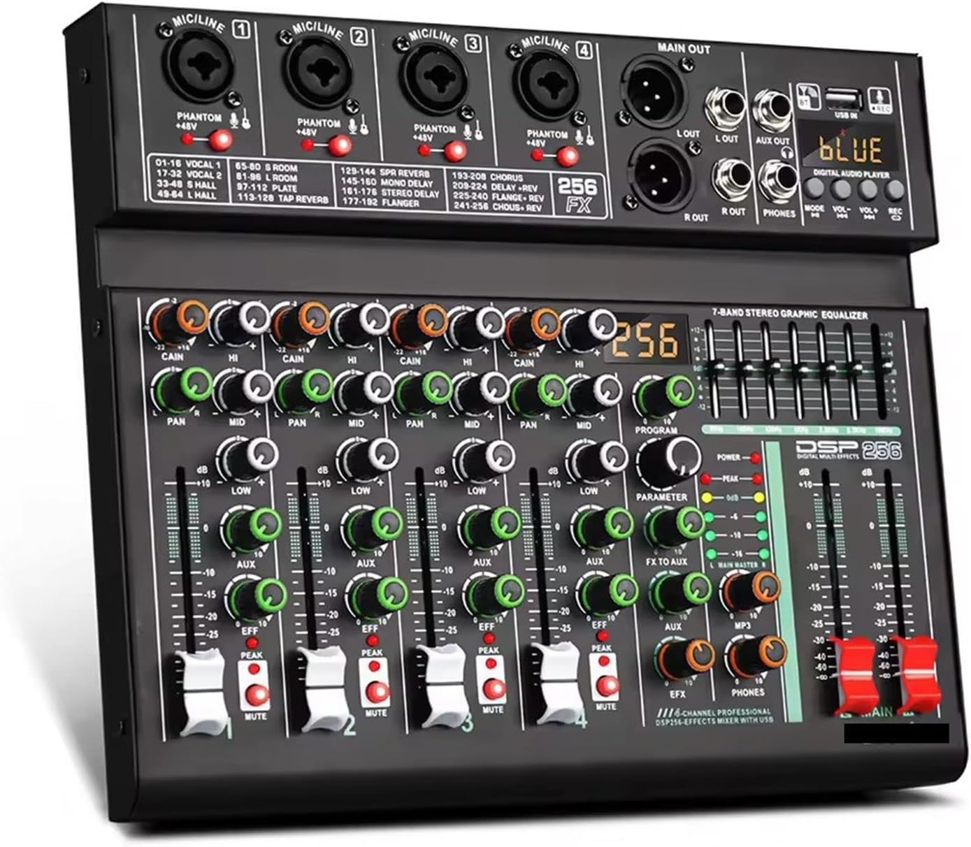 4 Channel 256 DSP Effect Mixer Record PC 48V Phantom Power USB Sound Mixers Bluetooth DJ Console Mixing Studio Sound Board