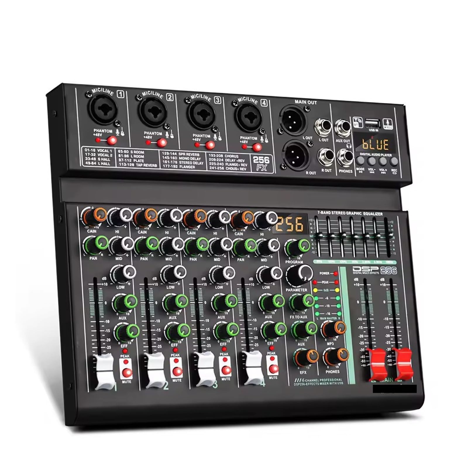 4 Channel 256 DSP Effect Mixer Record PC 48V Phantom Power USB Sound Mixers Bluetooth DJ Console Mixing