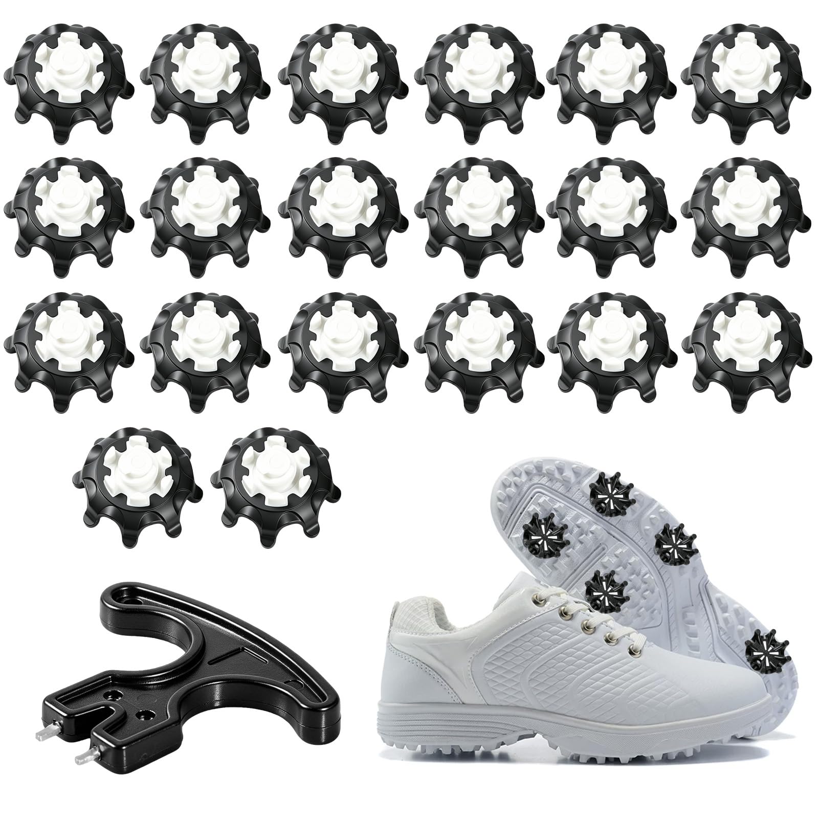 20Pcs Golf Shoe Spikes,Golf Spikes with Wrench Replacement for FootJoy Fast Twist 3.0 System,Soft TPU Golf Cleats,Non-Slip Outdoor Traction for Golf Courses & Terrain (Black White)