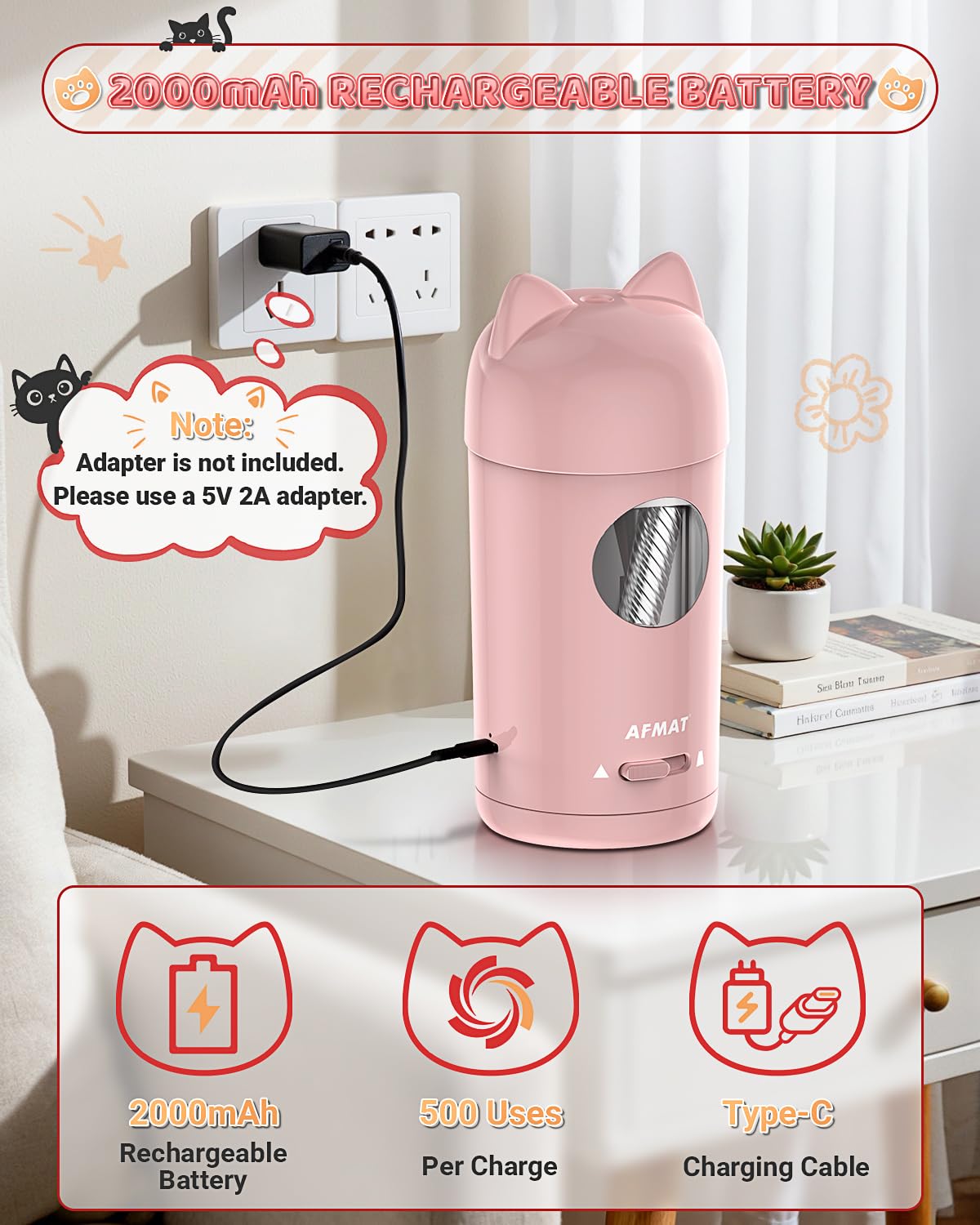 AFMAT Taille-crayon électrique entièrement automatique avec oreilles de chat, entrée et sortie automatique, rechargeable, avec récipient pour crayons de 7 à 8 mm, arrêt automatique pour la maison, le