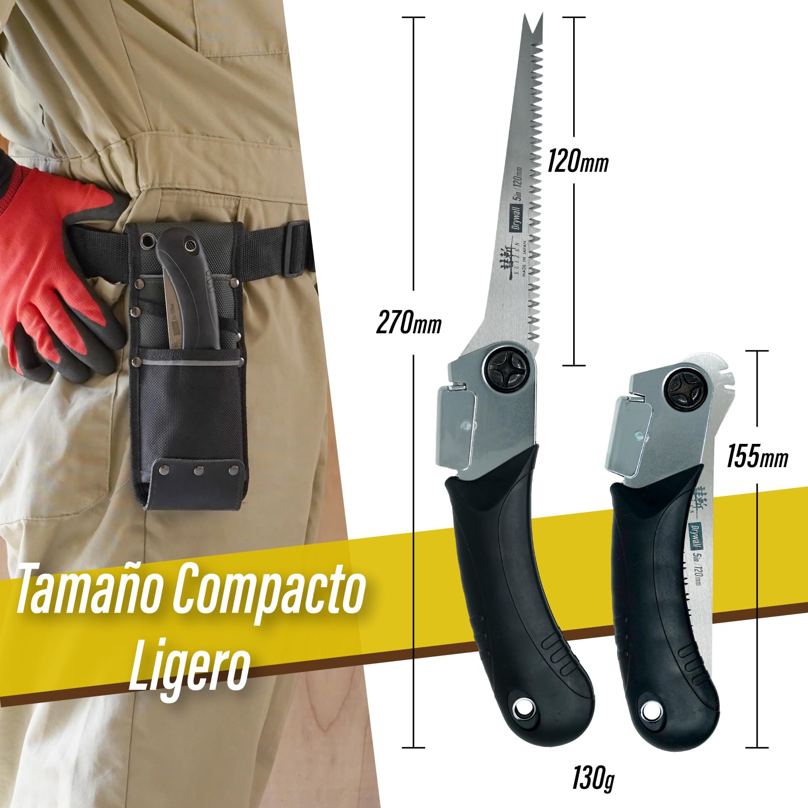SUIZAN Serrucho de punta plegable placas de yeso 120mm - Sierra japonesa | Profesional Herramientas reforma Pladur cartón tabique enchufe caja agujero a empuje compacto Bricolaje portátil japonesas