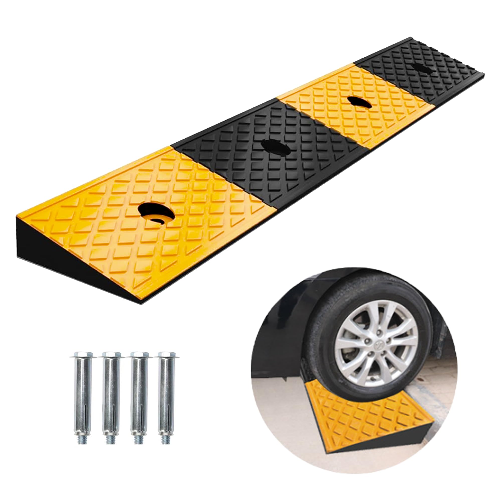 uyoyous Rampa de goma para coche, Rampas de acera con 4 pernos | Rampas de umbral para coche, camión, motocicleta, silla de ruedas, 100 x 15 x 5 cm
