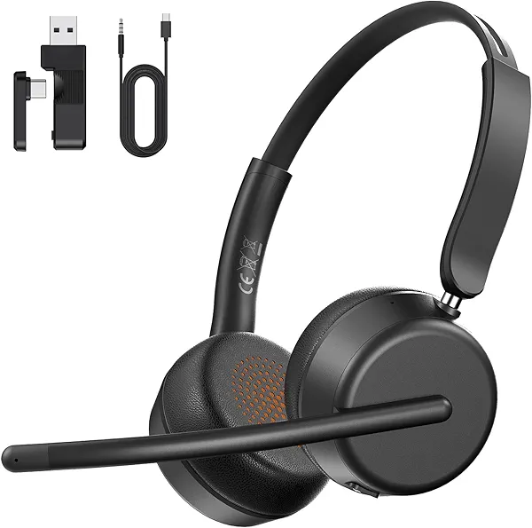 SEJJ Wireless Headset with Mic for Work, Bluetooth 5.4 Headphones with AI Noise-Canceling Mic for Clear Calls, Wireless Headsets with Mic Mute & USB A/C Dongle for PC, Computer, Laptop, Black