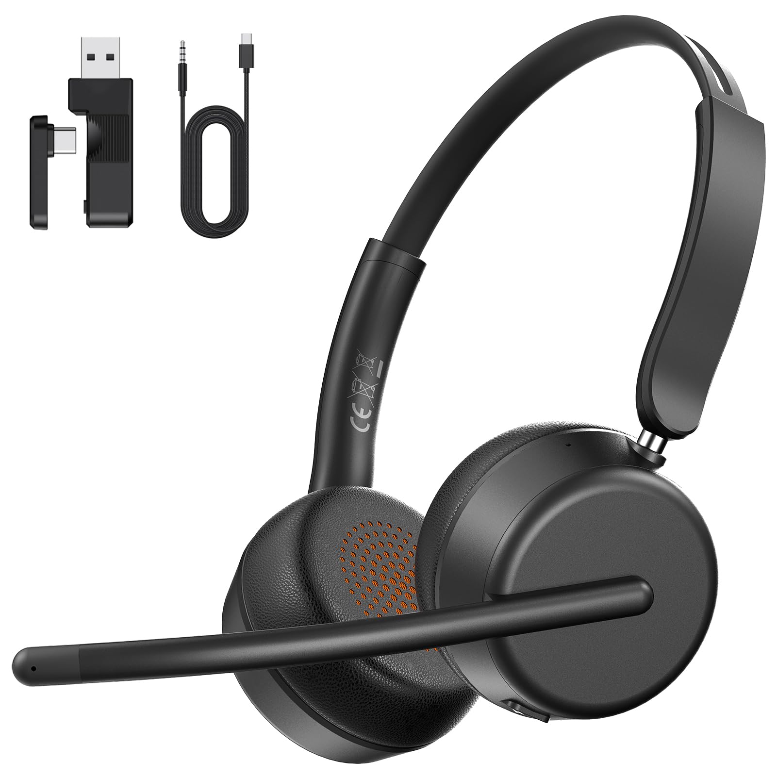 syndesmos Wireless Headset mit Mikrofon, Headset Bluetooth Mehrpunktverbindung, Verstellbarer Headset Kabellos, PC-Headset, Office Headsets für Business, Callcenter, Zoom, Teams (Schwarz)