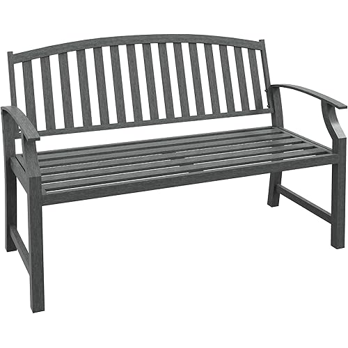 Outsunny 46" Outdoor Garden Bench, Metal Bench, Wood Look Slatted Frame Furniture for Patio, Park, Porch, Lawn, Yard, Deck, Gray