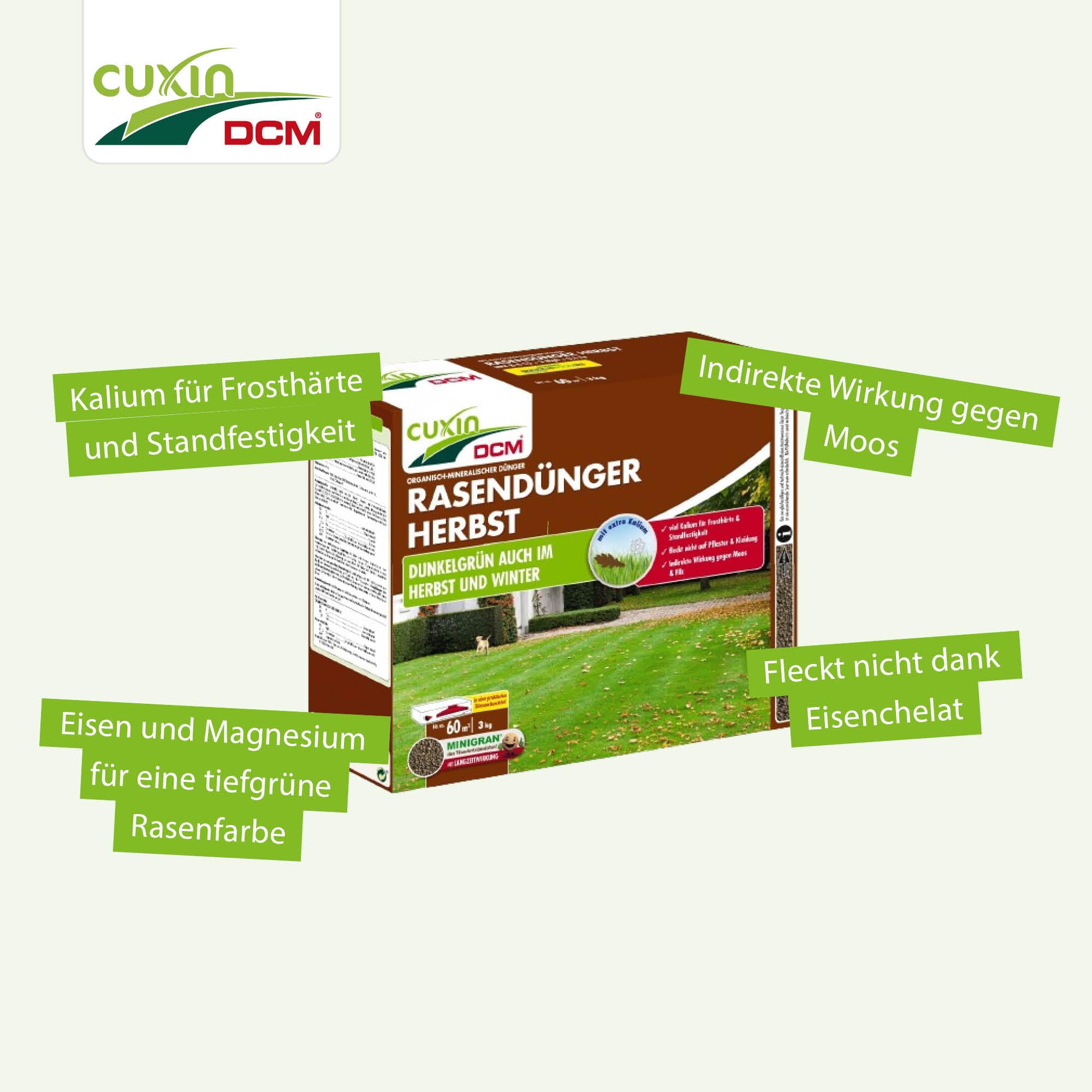 CUXIN DCM Rasendnger Herbst - Langzeit Rasendnger - Mit MINIGRAN  TECHNOLOGY - Frosthrte & Standfestigkeit - organisch-mineralischer Dnger  - 3 KG fr 60qm : Amazon.de: Garten