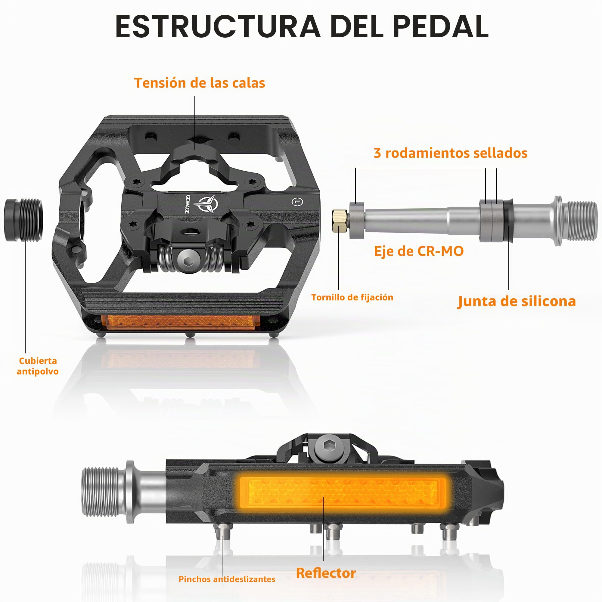 GEWAGE Pedales Automáticos MTB 2 en 1 con Reflectores – Lado Plataforma y Lado de 2 Orificios, Plataforma 110 mm, 3 Rodamientos Sellados, Tensión Ajustable, Rosca 9/16"