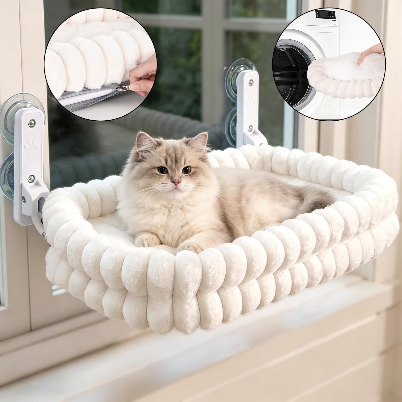 Amaca pieghevole per gatti – trespolo per gatti senza fili con copertura reversibile lavabile in lavatrice, telaio resistente e ventose, letto per gatti grandi da interno fino a 18 kg