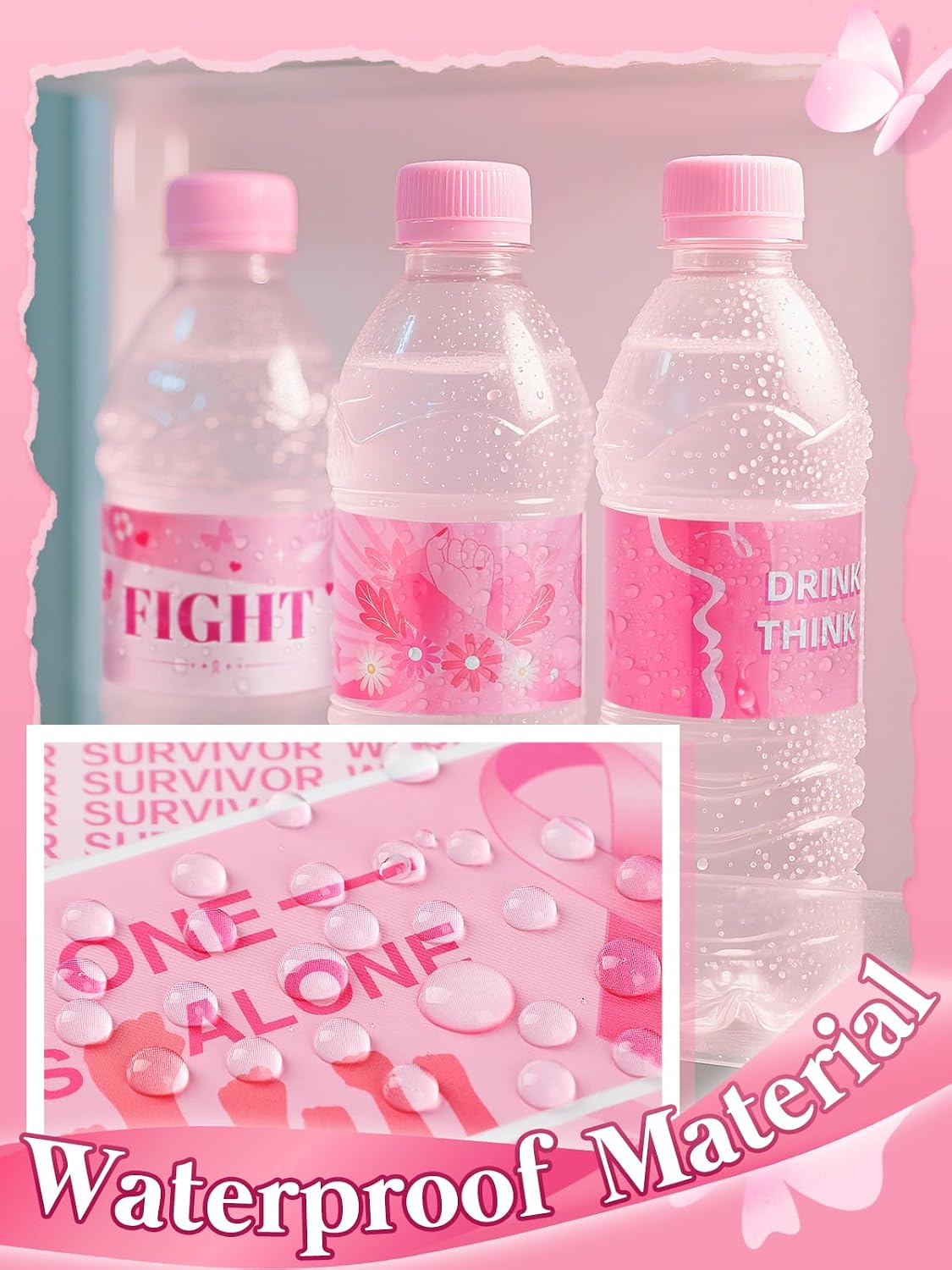 120pcs Breast Cancer Awareness Water Bottle Labels - 6 Patterns, Waterproof Breast Cancer Awareness Accessories Pink Ribbon Stickers Decorations for Charity Public Fundraiser Party Supplies image 2
