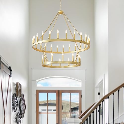 Miniatura 6 de EGM Candelabro de rueda de carro de 2 niveles, 30 luces, 40 pulgadas, extra grande, de níquel, redonda, rústica, para techos altos (2 niveles)