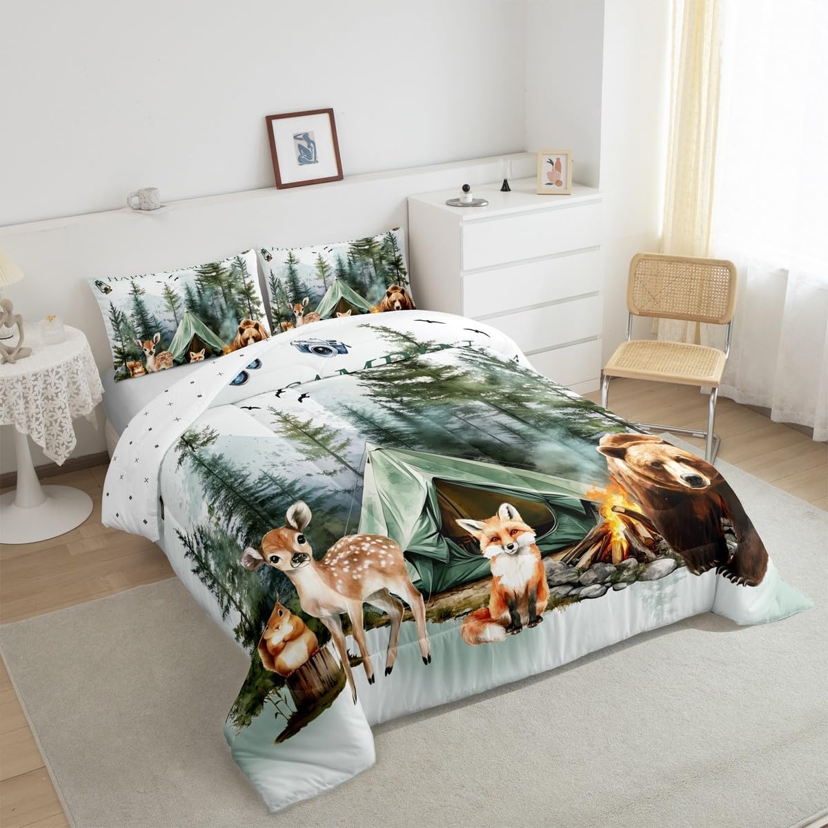 Erosebridal Happy Camping Full Bedding Set,Forest Bear Deer Fox Squirrel Comforter Set for Kids Boys Girls,RV Camper Quilt Set for Travel Trailer Woodland Bedding Comforter Sets,2 Pillowcases image 3