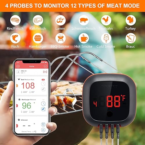 Miniatura 3 de Inkbird Termómetro Bluetooth para barbacoa y estuche de almacenamiento de transporte, 4 sondas termómetro inalámbrico para carne con temporizador,