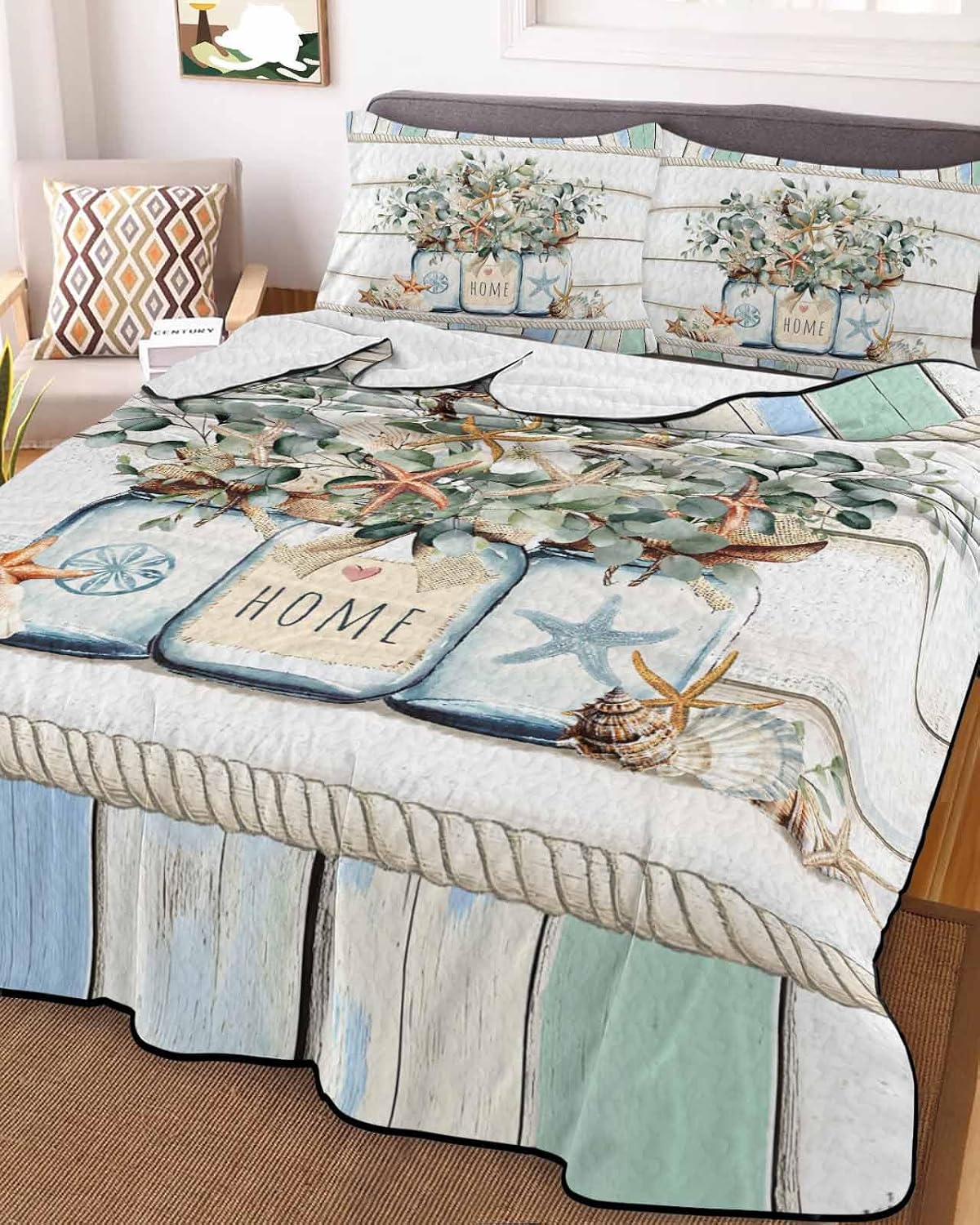 Queen Size Quilt Set, Nautical Mini Starfish Shell Lightweight Bedspread Coverlet Set Soft Microfiber Summer Quilt with 2 Pillow Shams, Eucalyptus Retro Wood Grain 3 Piece Comforter Bedding Set