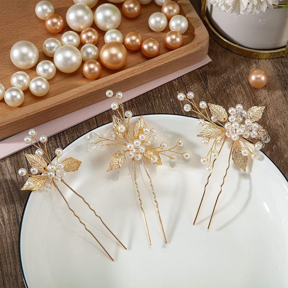 7 Pezzi Forcine Capelli Sposa Foglie Accessori Sposa Capelli Gioielli con Cristalli e Perle Accessori Nuziali a Forma Di U per Damigelle e Donne (Oro)