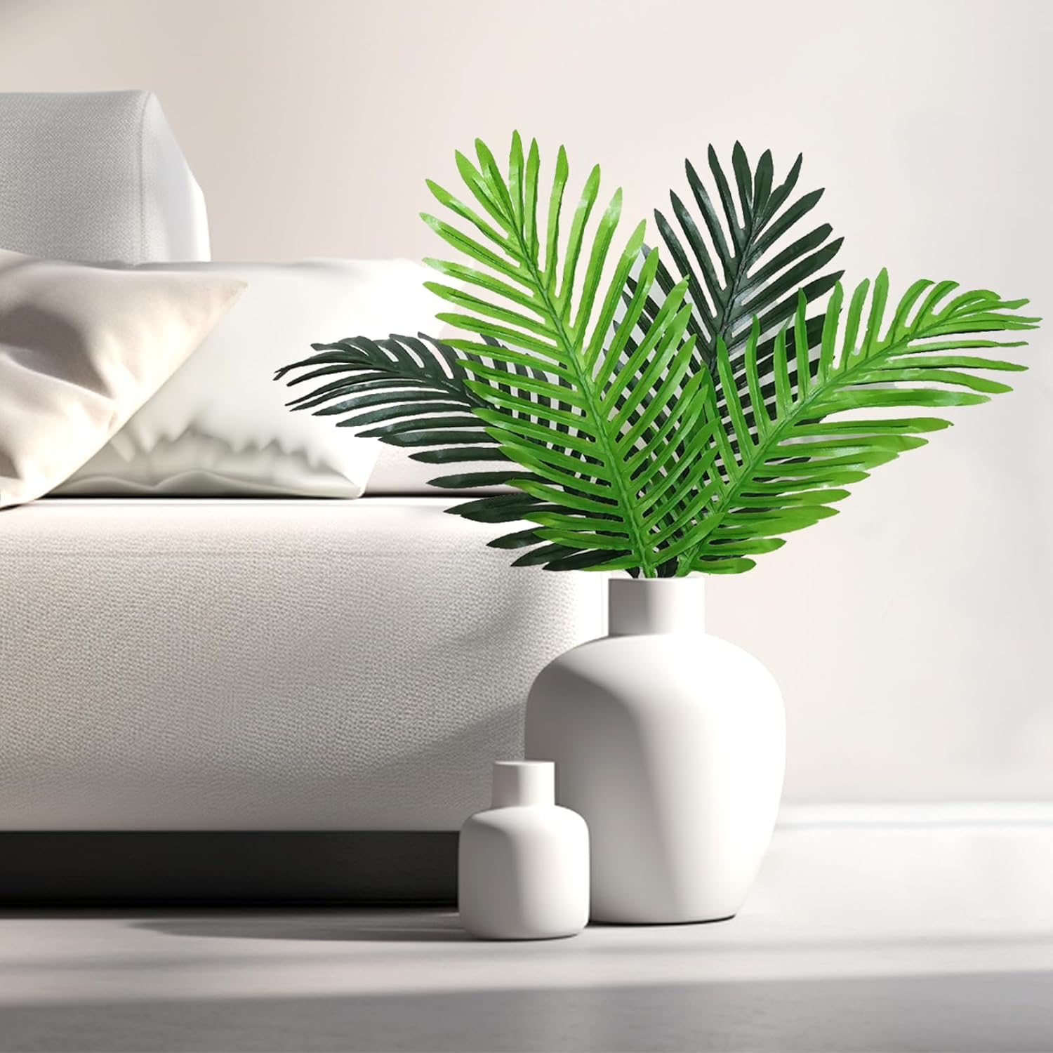 SNAIL GARDEN 2 Colors Artificial Palm Leaves, 12Pcs Faux Palm Fronds 20" Tropical Palm Tree Leaf with Stem Greenery Branches for Sunday Flower Arrangement Hawaiian Jungle Beach Party Decor