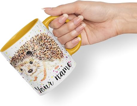 Vixar Personalised with Your Text Hedgehog British Wildlife Watercolour Art Coloured Ceramic Mug Cup Gift 330ml 11oz Custom Work Office Tea Coffee (h2) (G Yellow)