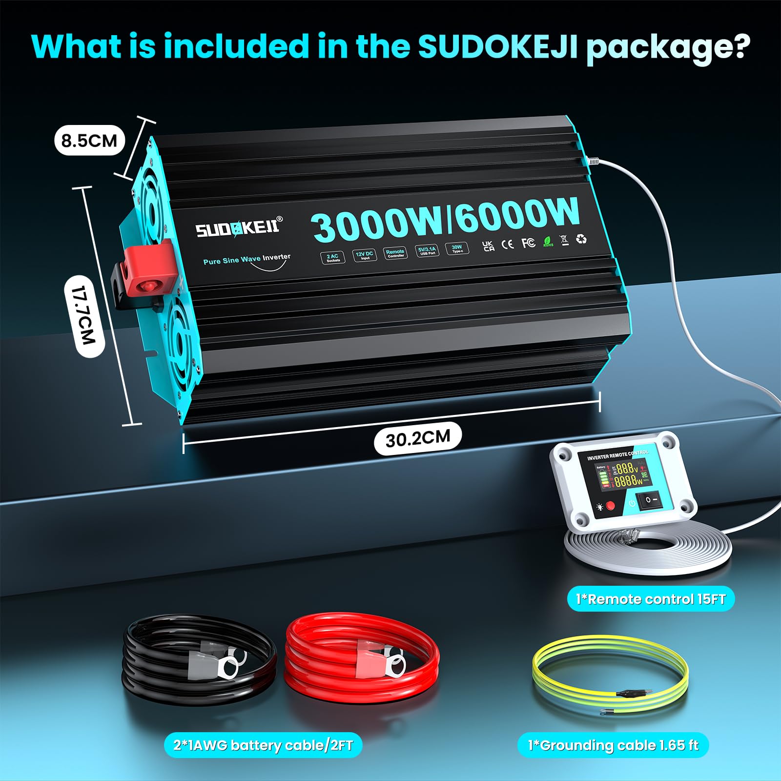 SUDOKEJI Przetwornica napięcia sinusoidalnego 3000 W/6000 W, przetwornica napięcia 12 V na 230 V, z pilotem LCD, złącza typu C i USB, 2 gniazda EU AC do solarnych, pojazdów, przyczep kempingowych