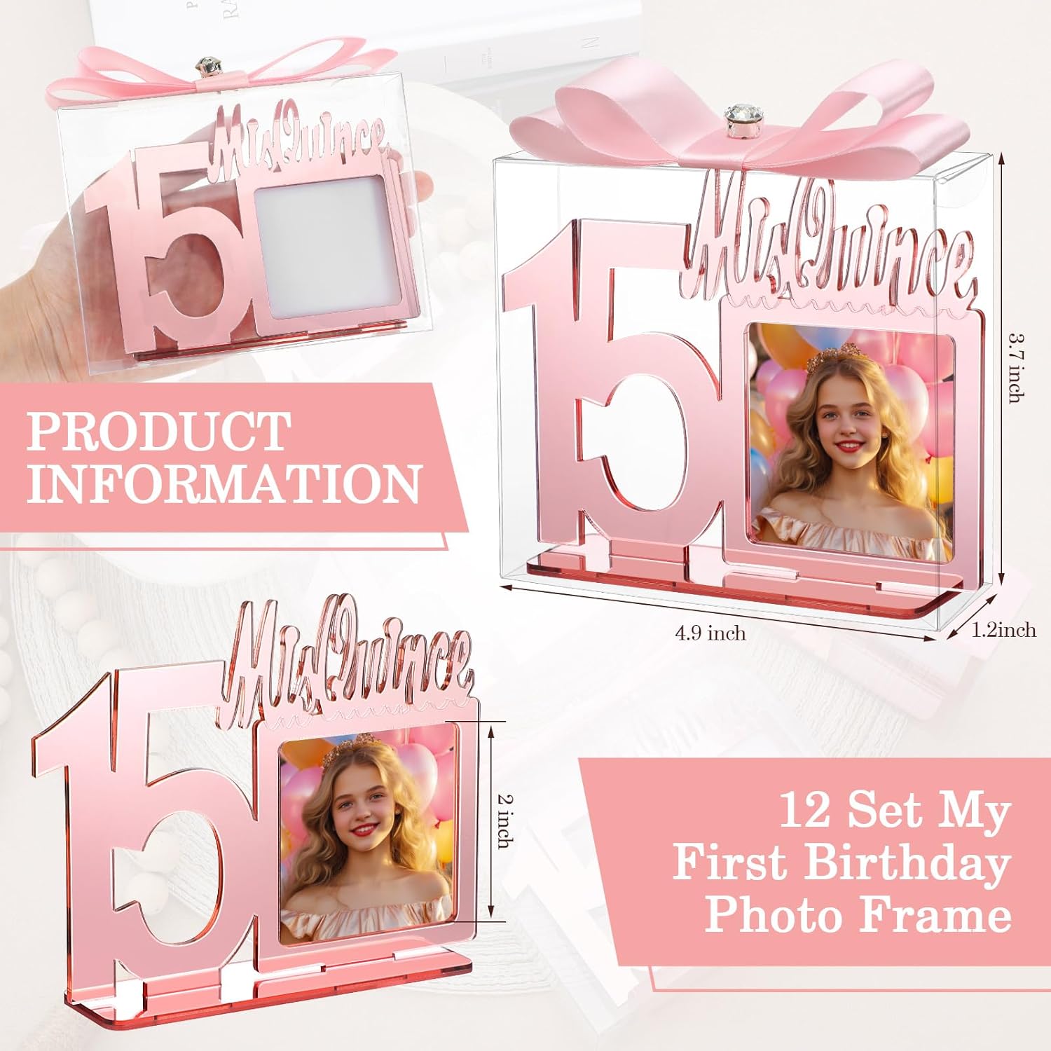 Geelin 12 Set Quinceanera Party Favors for Girls Recuerdos Para 15 Anos Quinceaneras Acrylic Photo Frame Rose Gold 15th Happy Birthday Decorations Gifts for Guest Sweet 15 Supplies