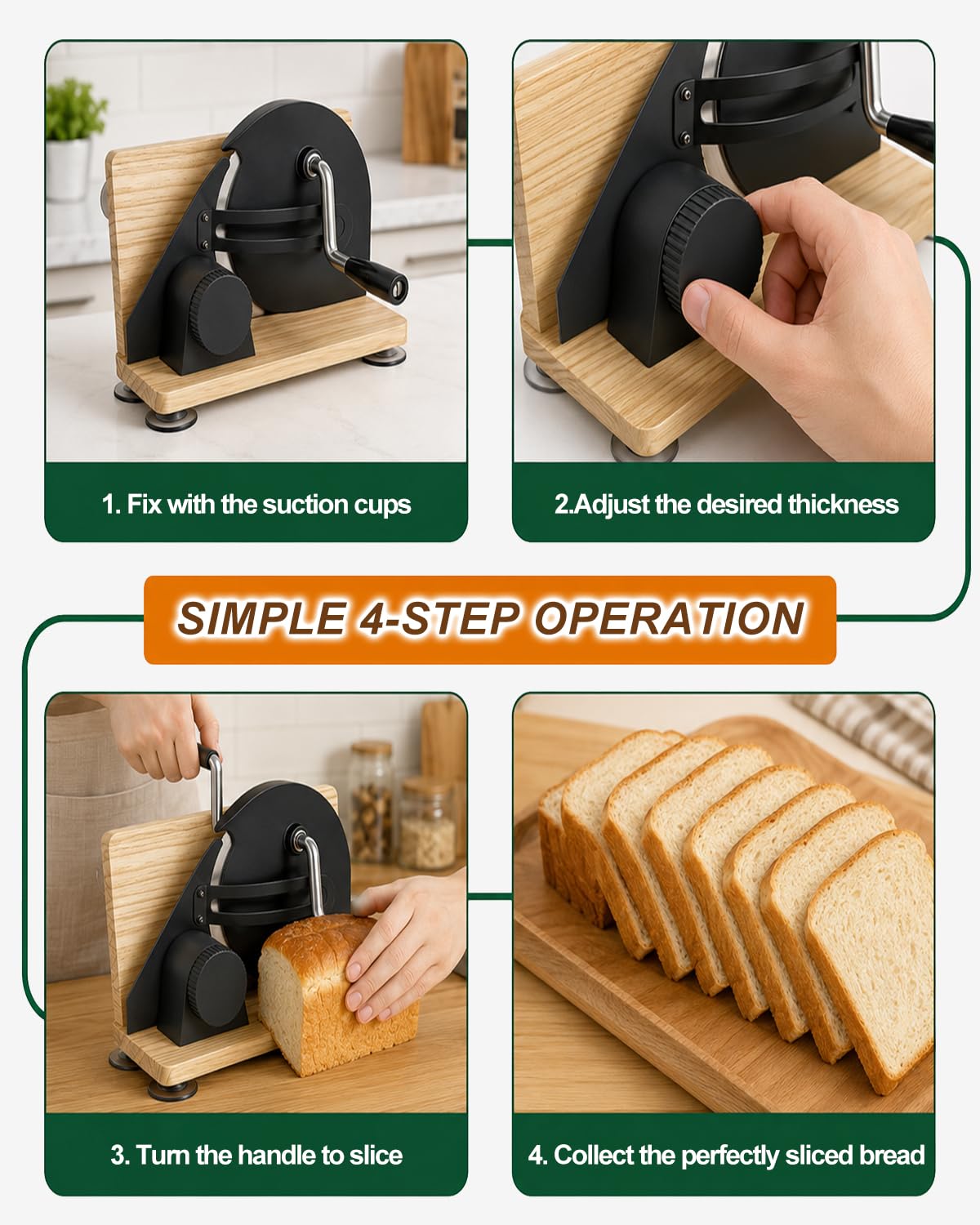 Brotschneidemaschine Manuell mit Handkurbel, 0-15mm Einstellbare Scheibendicke mit Skalenlinien, Scharfe Edelstahlklinge & Klappbarer Holzsockel, Kompakt für selbstgemachtes Brot & Sauerteigbro