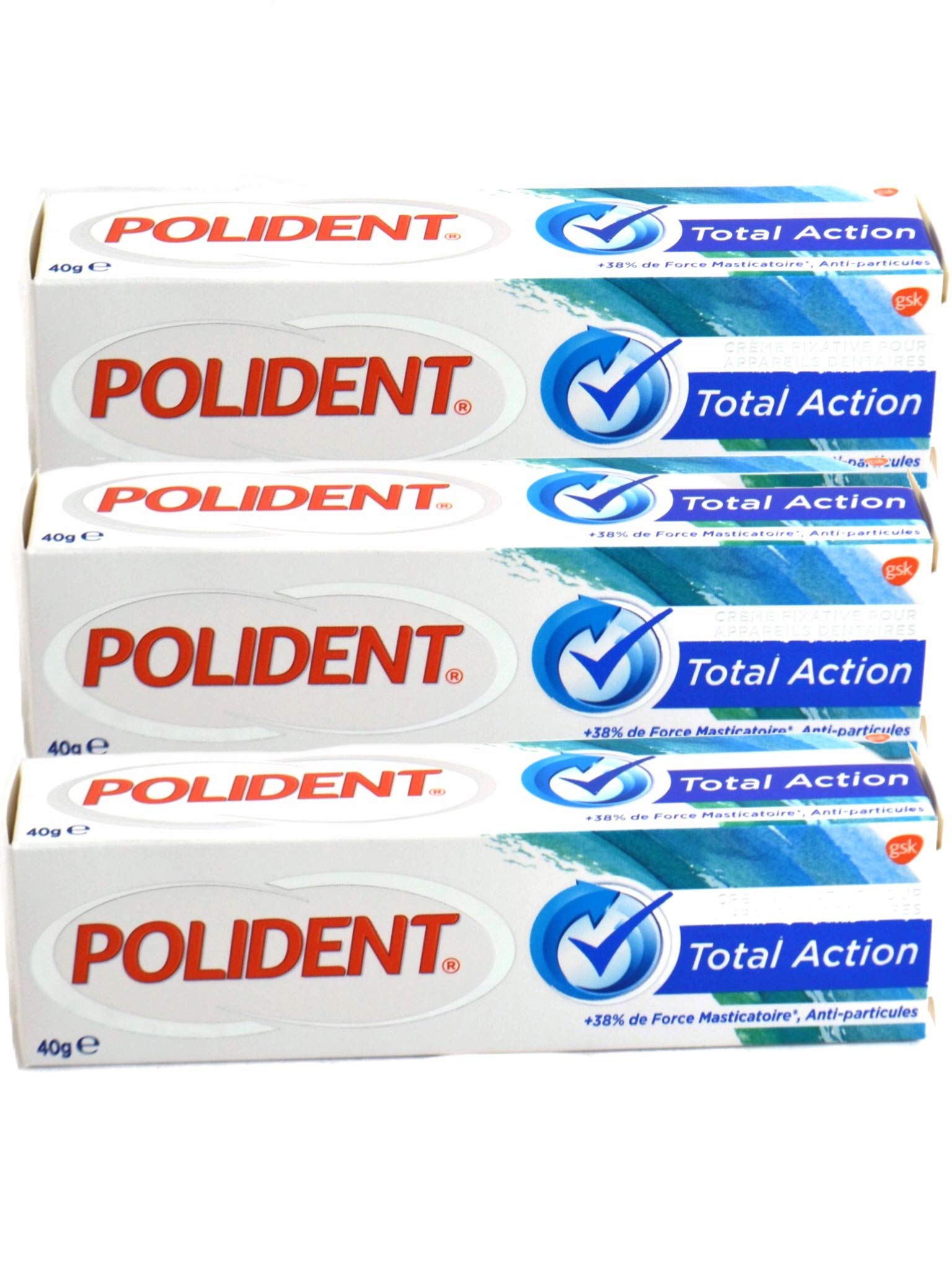 Polident - GSK Total Action - Crème adhésive pour prothèses dentaires - - Lot de 3 tubes de 40 Grammes