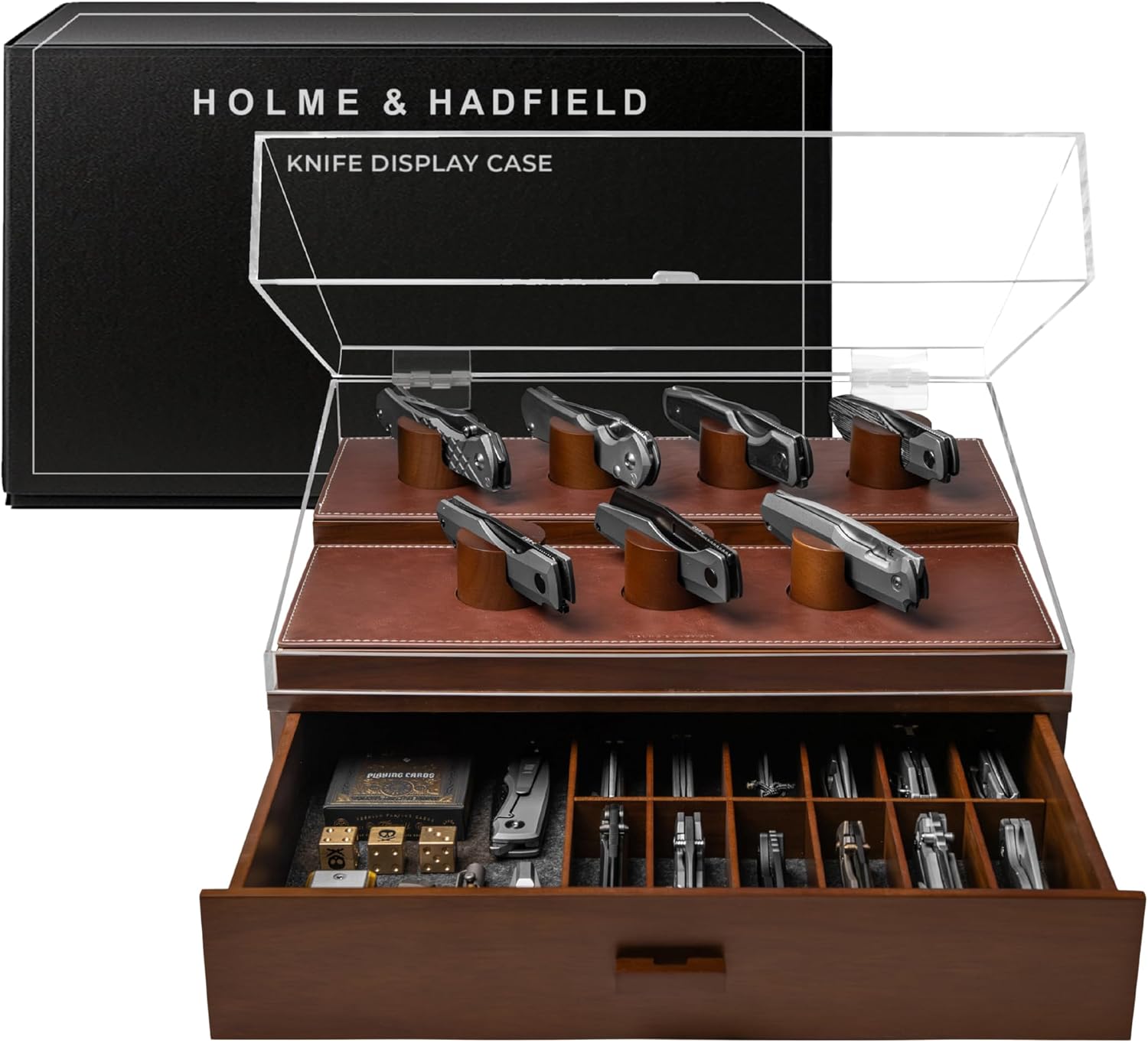 Premium Pocket Knife Display Case for 30 Knives - Large Wooden Knife Organizer, Storage & Holder with Unique Pillars, Hinged Cover, Drawer - Knife Collection Box - Handcrafted Birthday Present