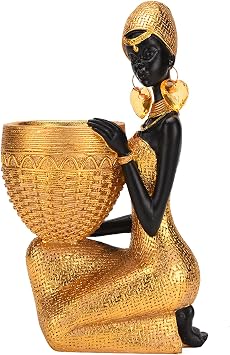 BRABUD علبة تخزين التماثيل الأفريقية الراتنج الفن تمثال أسود & الذهب القبلية سيدة صينية للحلوى مجوهرات خاتم الهاتف، غرفة المعيشة المنزلية غرفة نوم الجرف ديكور TQSHBS25