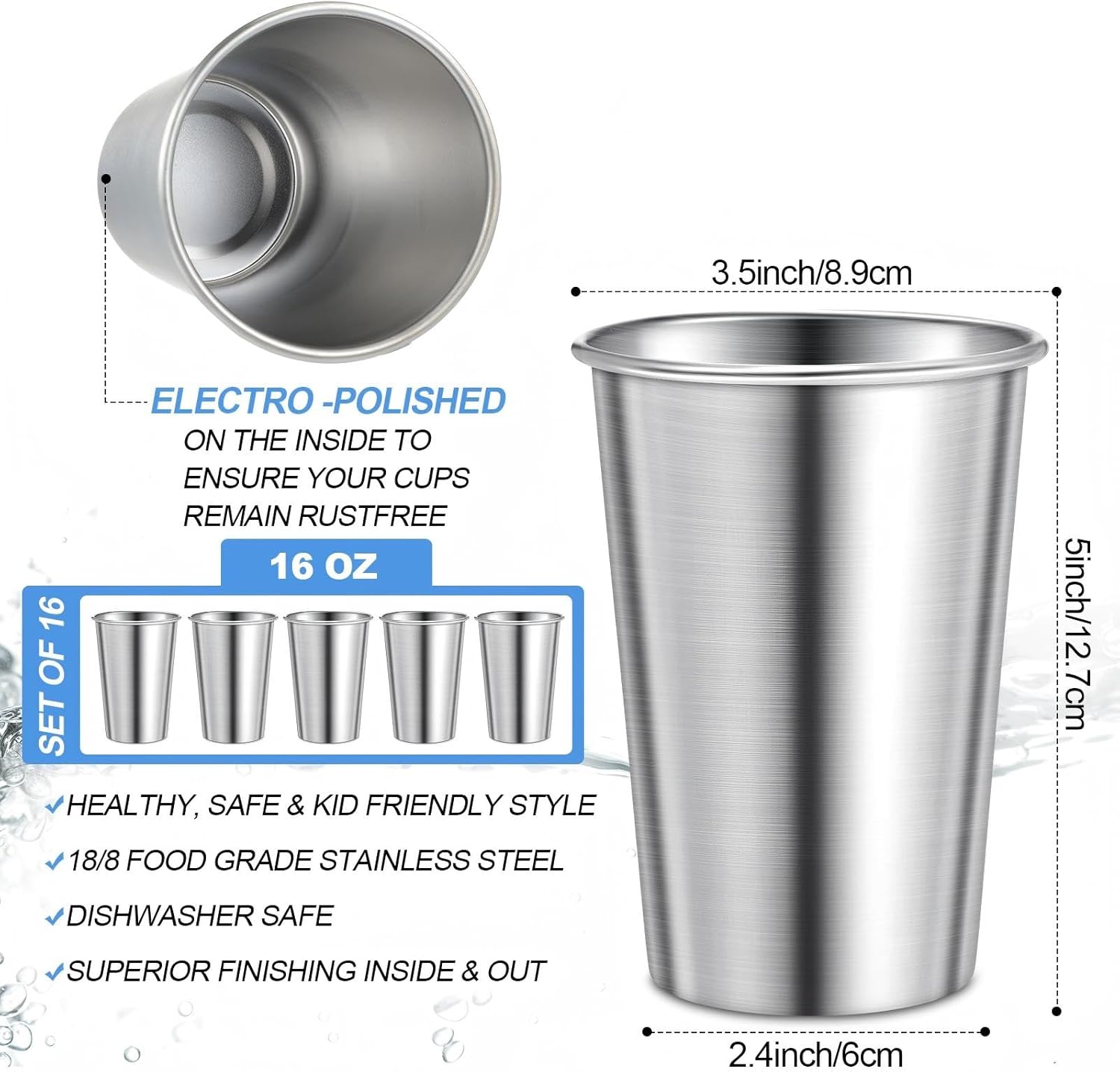 Honeydak 16 Pack Stainless Steel Cups 16 oz Metal Camping Cups Stackable Stainless Steel Pint Tumblers Shatterproof Drinking Glasses for Adults Travel, Outdoor, Camping, Everyday - Image 2