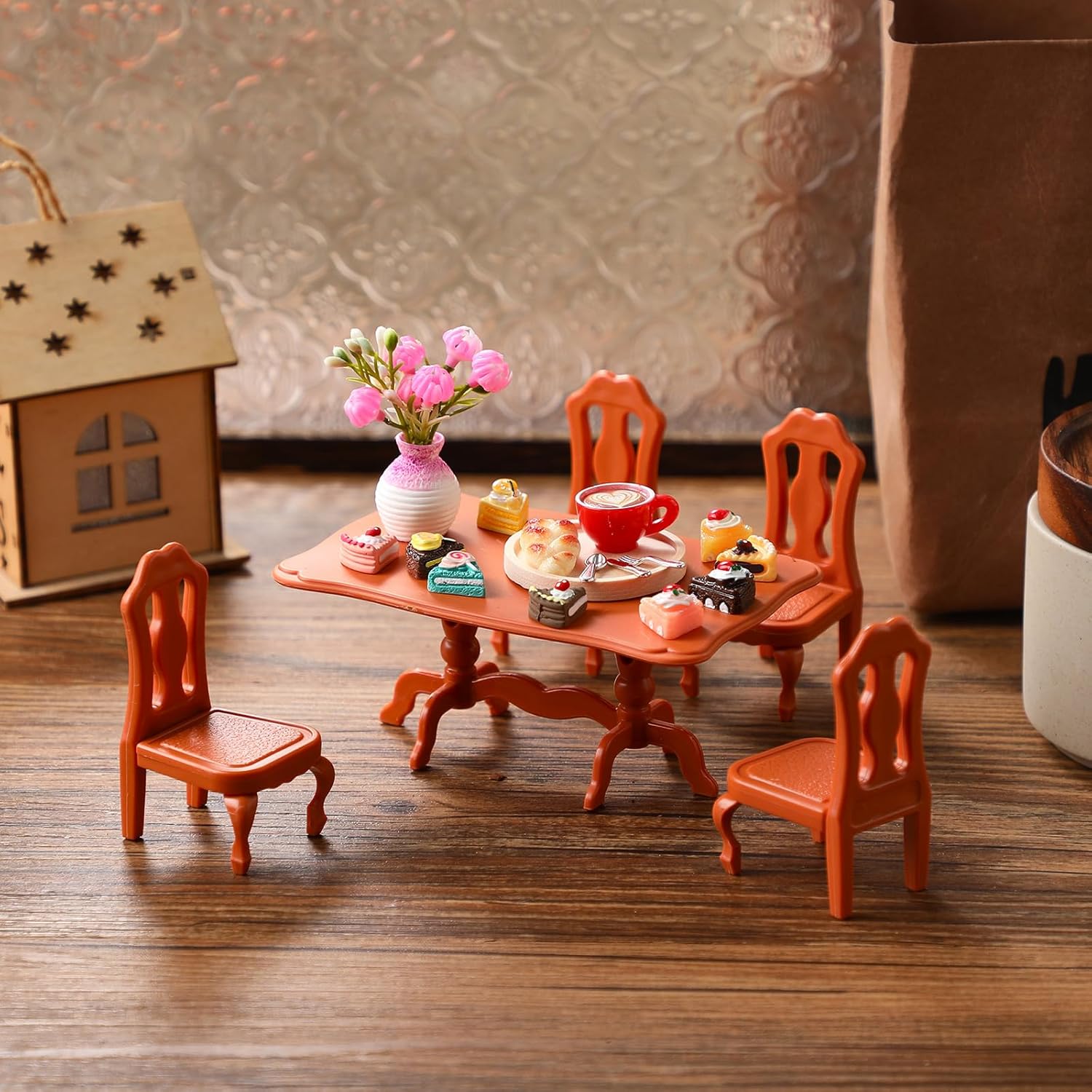 40 Pieces Miniature Dollhouse Accessories Doll House Furniture Mini Tea Party Set Resin Dollhouse Table Chair Cake Food Sets Play Toys for Dining Room Kitchen Decor Accessories Gifts