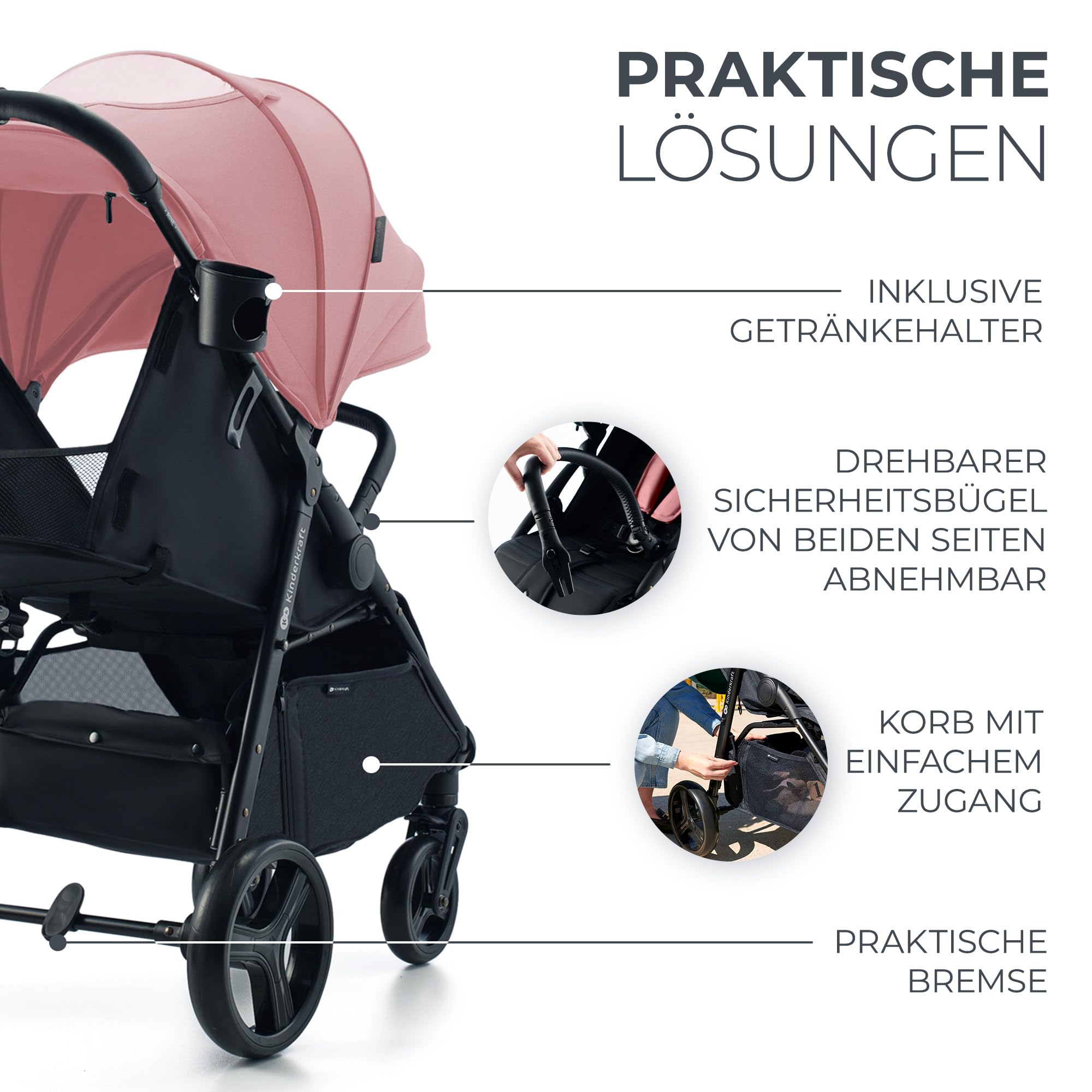 Kinderkraft RINE Buggy bis 22 kg, Kinderwagen, Mit einer Hand zusammenklappbar, wasserfestes Verdeck mit UPF50+ Filter, liegende Position, Getränkehalter im set, Rosa