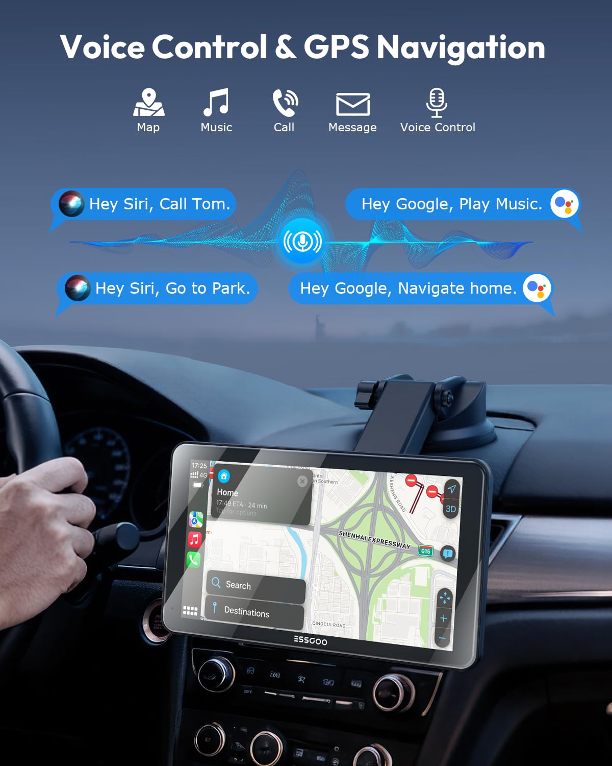 ESSGOO Schermo CarPlay portatile da 7 pollici e wireless Android Auto | Supporta GPS, Siri e Google Assistant, radio FM, con telecamera posteriore, adatto per più veicoli