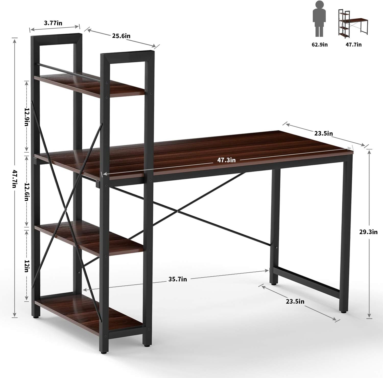 VADIM Computer Desk with Shelves, Modern Office Desk with 4-Tier Shelf, Durable Working Desk for Home, Bedroom, Office, Sturdy Writing Table with Storage Bookshelf, 47 Inches, Walnut