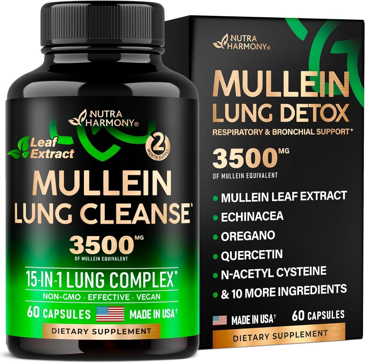 Mullein Leaf Extract for Lung Detox - Echinacea | Oregano | Quercetin | NAC - 15-in-1 Lung Support Supplement - Cleanse for Smokers As Drops, Tea, Tincture, 60 Vegan Capsules