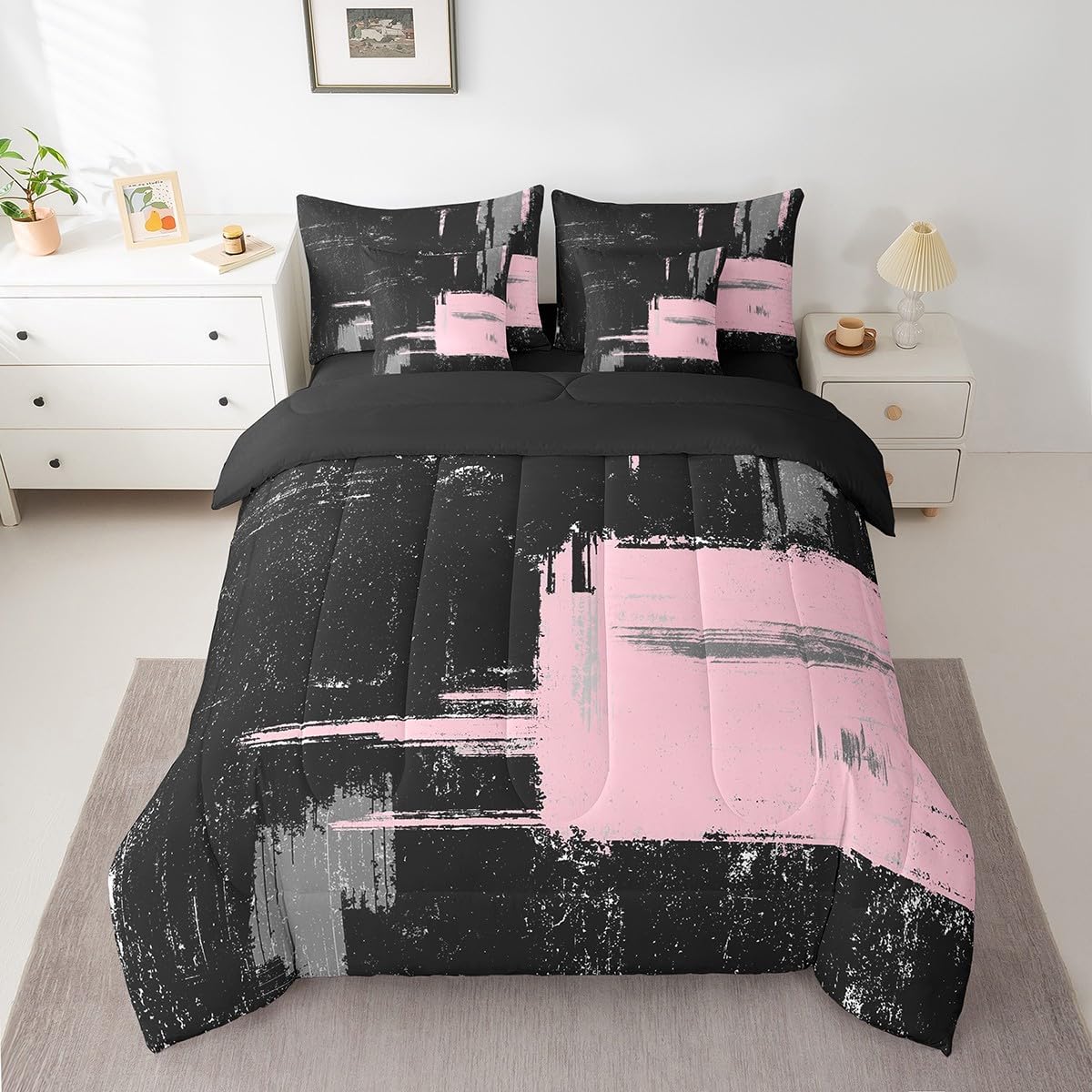 Black and Pink 7 Piece Bedding Set Queen Size Abstract Bed Set Includes Comforter, Sheet Set, Pillowcases & Pillow Covers Bedroom Decor Modern Striped Art Comforter Set Geometric Plaid Soft Microfiber
