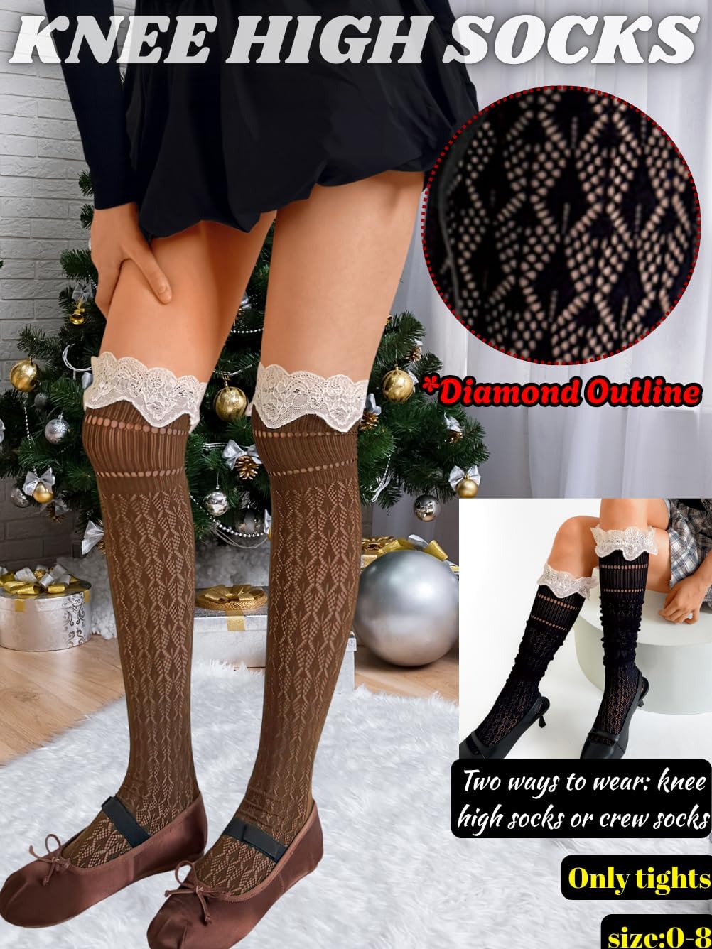 Long Socks With Lace Trim,Cute Knee Highs For Women,Christmas Birthday Renaissance Costume Size 0-8 - Image 2