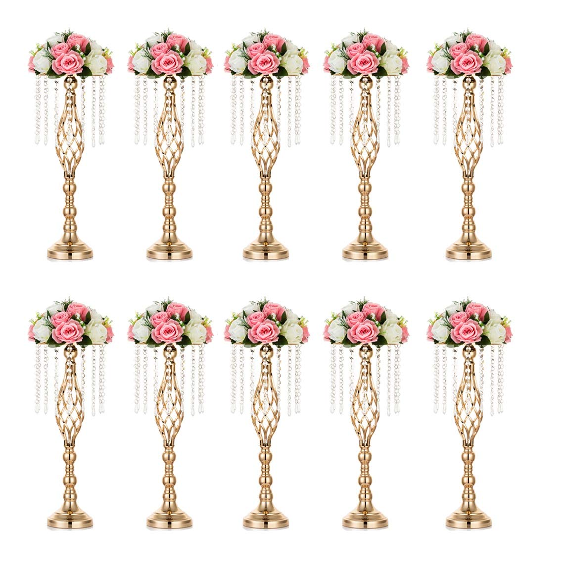 Sziqiqi 10 Jarrones de Centro de Mesa Boda para Mesas, Jarrones de Metal Oro 55cm de Alto con Cadena de Cuentas Cristal para Boda, Arreglos de Flores Artificiales para Fiesta Evento Recepción