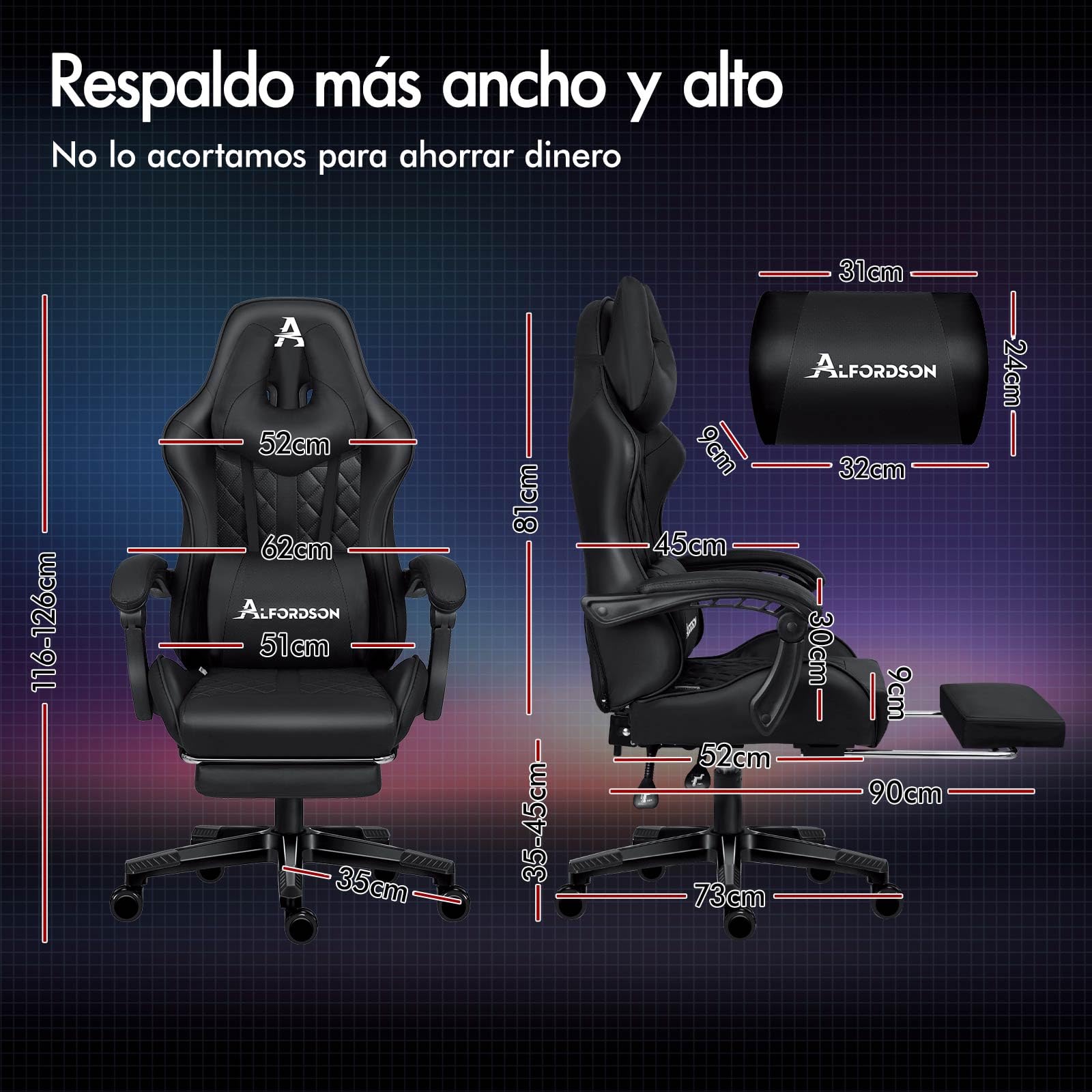 ALFORDSON Silla Gaming Ergonómica Masaje Reclinable con Cojín Lumbar y Cervical,Silla Gamer con y Reposapiés Retráctil,Altura Ajustable, para Ordenador,Videojuego,Escritorio,Oficina, Cuero PU(Negra)