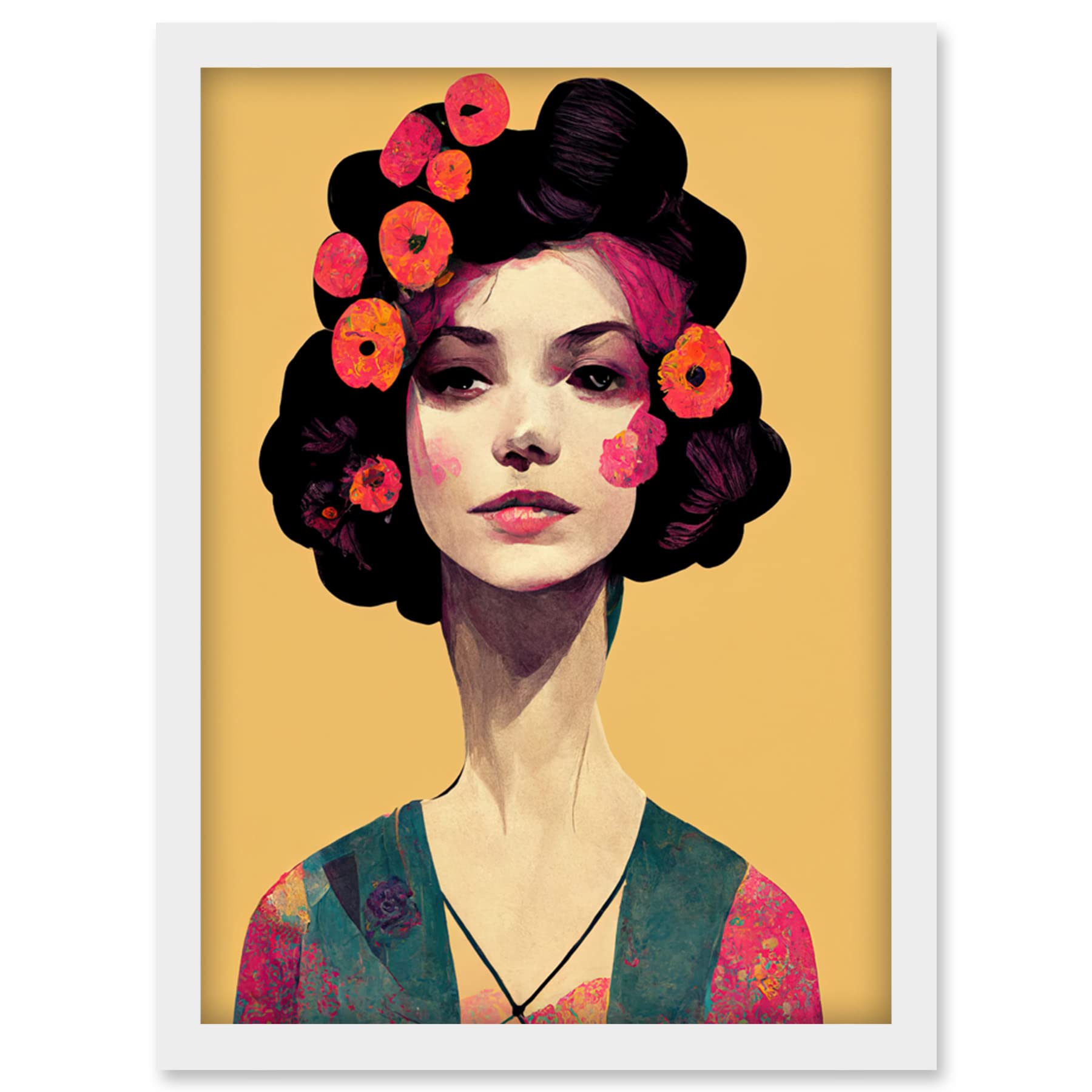 Doppelganger33 LTD Elegant Vintage Boho Portrait Floral Hair Woman Artwork Framed Wall Art Print A4