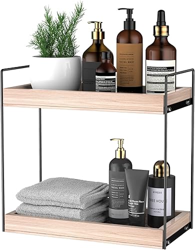 Organizador de madera de 2 niveles para encimera de baño, ligeramente lacado para resistir el agua y las manchas, estante organizador multiuso,