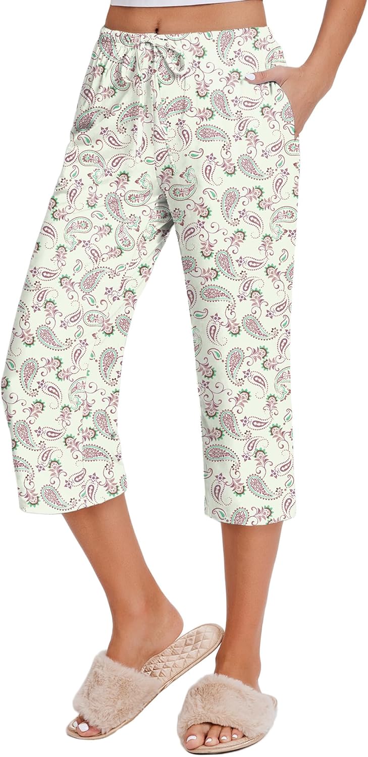 Ekouaer 2 Pack Women's Capri Pajama Pants Printed Drawstring Comfy Pj Bottoms With Pockets - Image 5