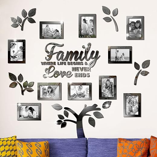 Family Tree Wall Decal Acrylic 3D DIY Mirror Sticker Photo Frames Removable Wall Art Decals Home Decorations for Living Room Bedroom Kitchen Dining Office, 47 x 47 Inch(Black)