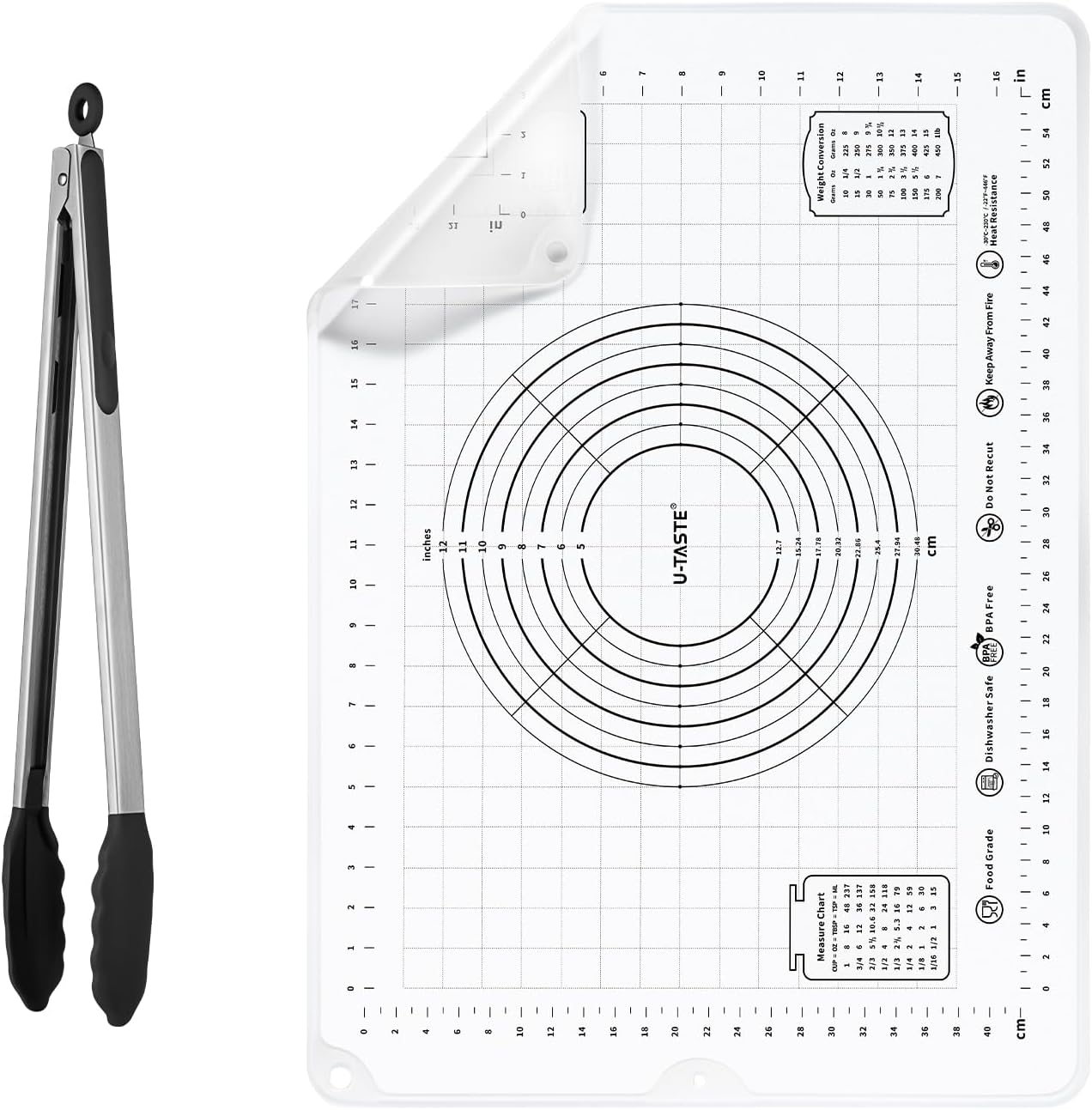 U-Taste 600℉ Heat Resistant Food Grade Non Stick Firm Cooking Tongs (16 in, Black), and 20inx28in Large Silicone Pastry Mat Food-Grade Non-Stick Dough Rolling Mat (Transparent)
