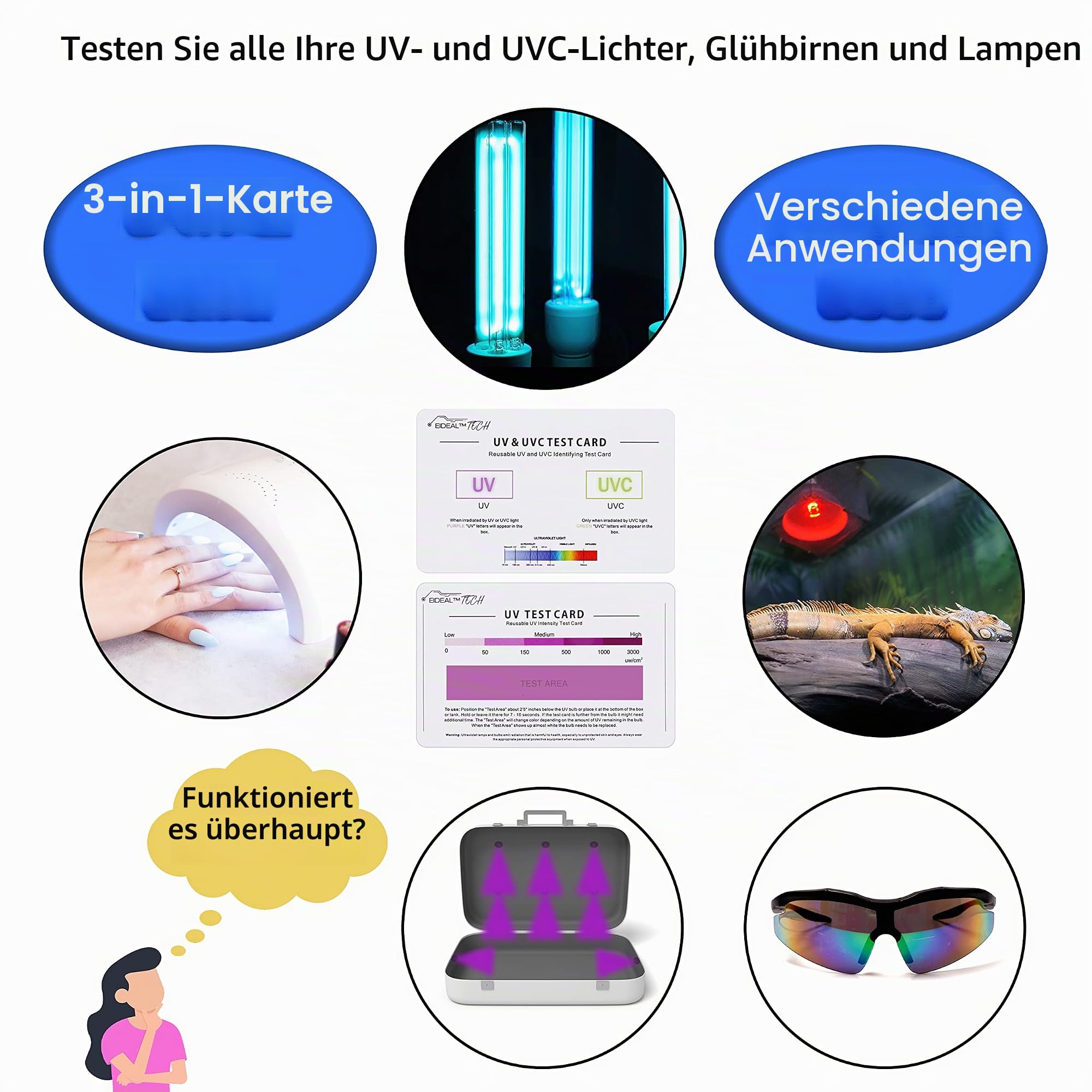 UV- und UVC-Testkarte und UV-Intensitätstestkarte | UVA- und UVC-Licht-Identifikationskarte | UV-Strahler und LED-Intensitätslesekarte | Indikatorkarte